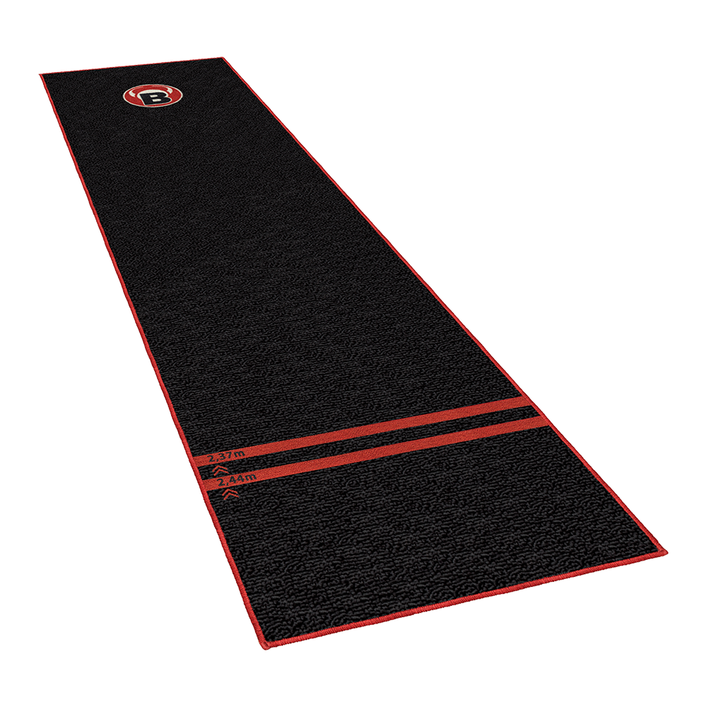 67805_Bulls_Carpet-Mat_Teppich_170_Black_1 Dies ist der Bulls Carpet-Mat Teppich 170 in Schwarz. Der Teppich hat rote Umrandungen und Markierungen bei 2,37 m und 2,44 m.