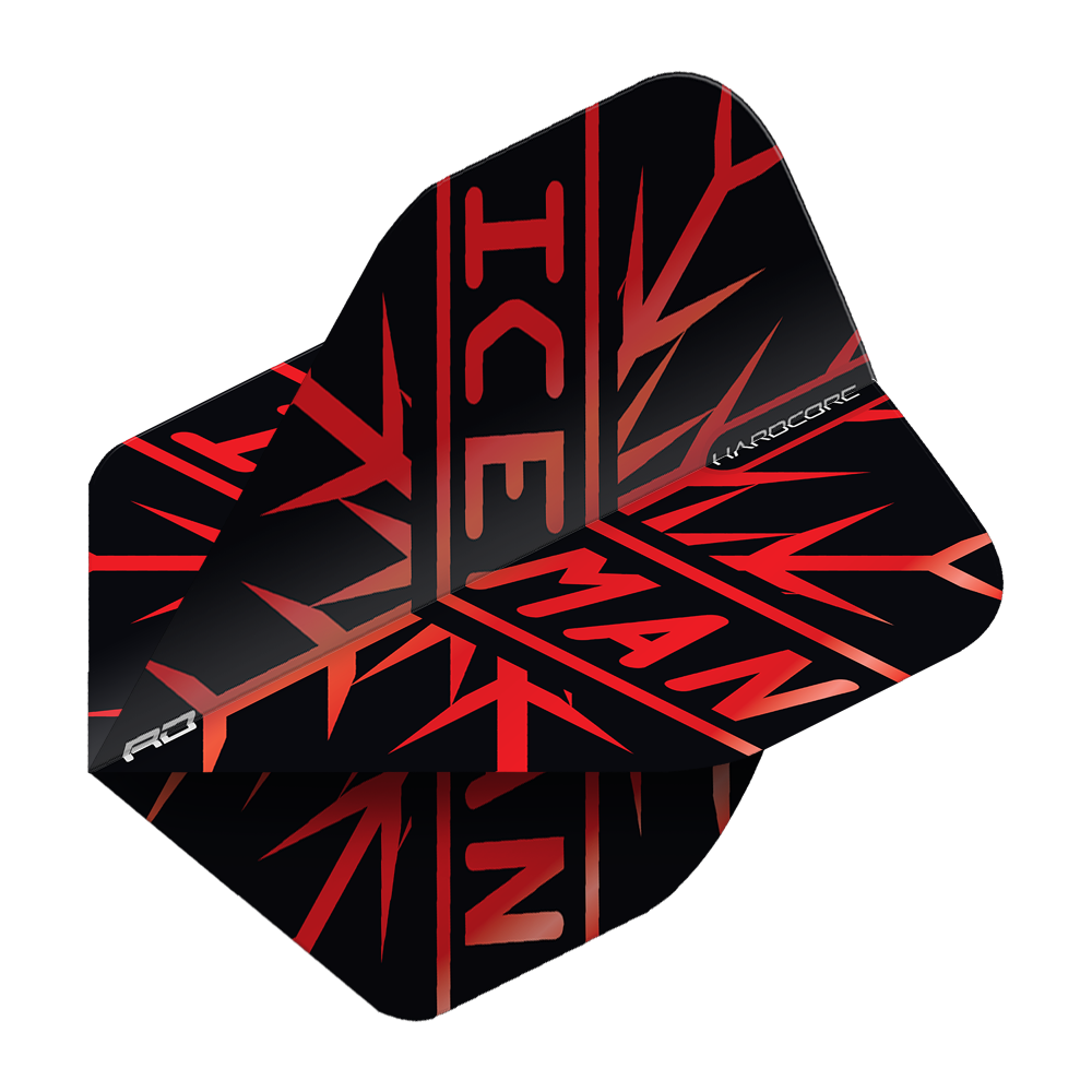 TF6872_Red_Dragon_Hardcore_Gerwyn_Price_Red_Premium_Standard_Flights_2 Das Bild zeigt die Red Dragon Hardcore Gerwyn Price Red Premium Standard Flights. Die Flights sind schwarz mit roten Akzenten und dem Schriftzug "ICEMAN".