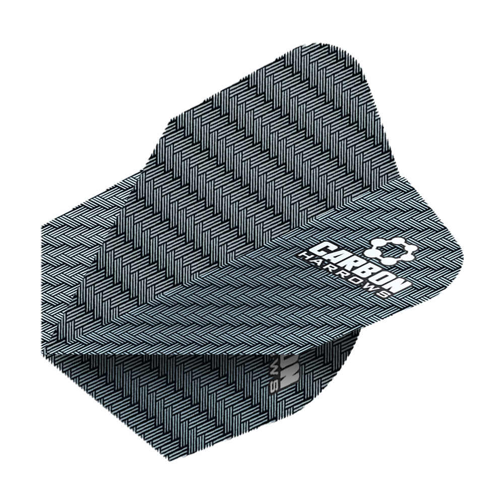 HR52_Harows_Carbon_No6_Flights_Blau_2 Das Bild zeigt die „Harrows Carbon Flights HR52“. Sie sind mit einem schwarzen, gewebten Karbonmuster und einem weißen Logo gestaltet.