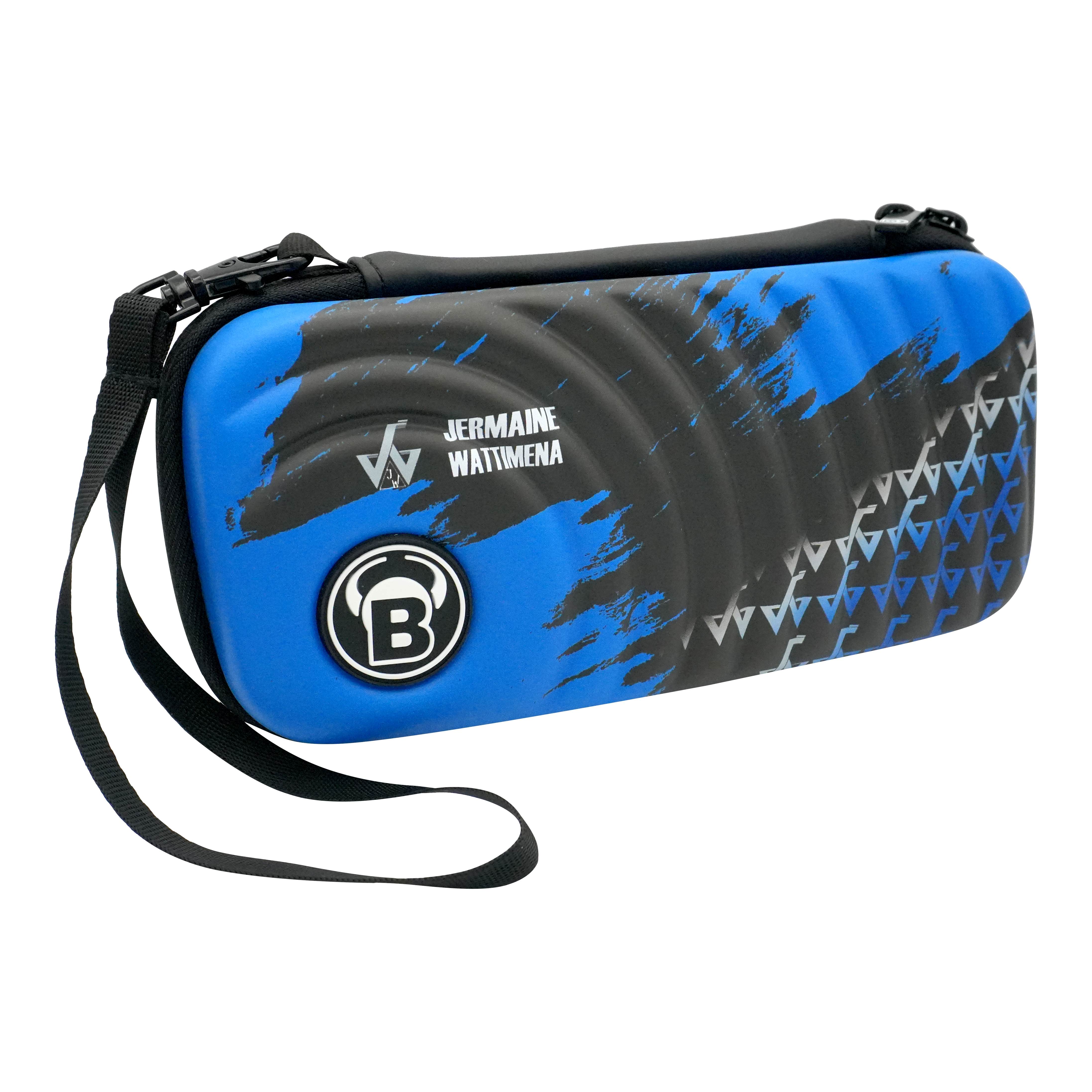 Pokrowiec na rzutki Bulls Orbis S Jermaine Watttimena Auf dem Bild ist das Bulls Orbis S Jermaine Wattimena Dartcase zu sehen. Die Darttasche ist blau-schwarz gestaltet und trägt den Namen Jermaine Wattimena.