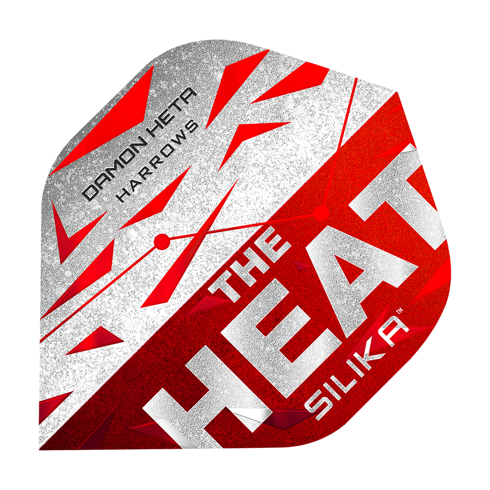 Loty Harrowa Silika Damona Hety z serii 3 Das Bild zeigt ein Dart-Flugblatt mit dem Namen "Harrows Silika Damon Heta Series 3 Flights". Es ist in den Farben Rot, Weiß und Silber gestaltet und trägt die Aufschrift "THE HEAT SILIKA" sowie "DAMON HETA HARROWS".