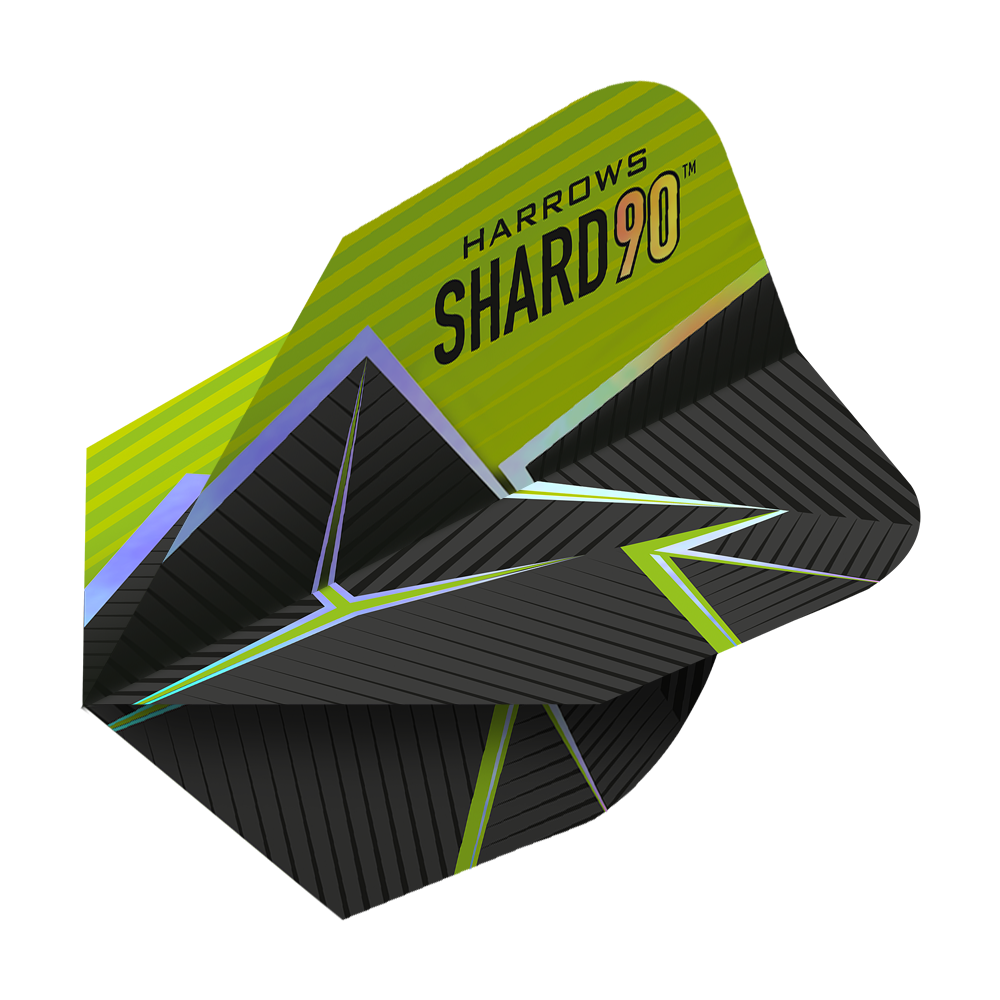Das Bild zeigt das Produkt "Harrows Prime Shard No6 Flights". Die Flights haben ein modernes Design in Schwarz mit grünen und gelben Akzenten sowie geometrischen Mustern.