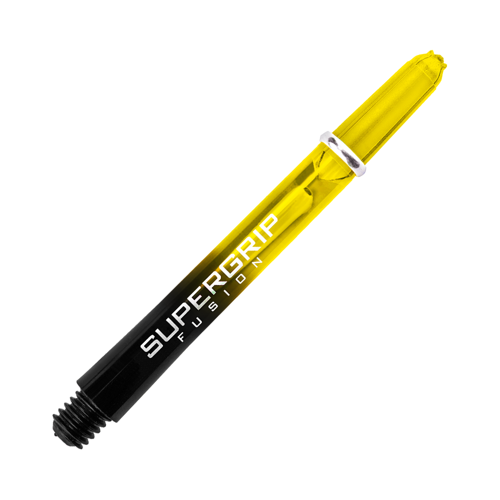 HR350_Harrows_Supergrip_Fusion_Shafts_Gelb_47mm_26mUPM8R3xZCk2 Das Bild zeigt einen Harrows Supergrip Fusion Shafts in Gelb. Der Schaft hat einen schwarzen und gelben Farbverlauf mit weißer Aufschrift.