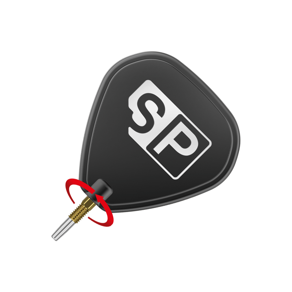 Target Swiss Point Nano Dart Tips - Złoto Das Bild zeigt eine schwarze Dart-Flight mit der weißen Aufschrift "SP". Unten ist eine goldfarbene Dartspitze mit silberner Spitze zu sehen.