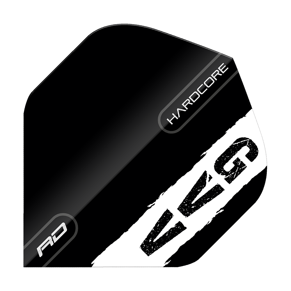 Red Dragon Hardcore Gian Van Veen Czarne Logo Standardowe Loty Das Bild zeigt ein schwarzes Dart-Flight mit weißen und grauen Akzenten. Auf dem Flight stehen die Wörter "HARDCORE", "RD" und die Buchstaben "GVG".