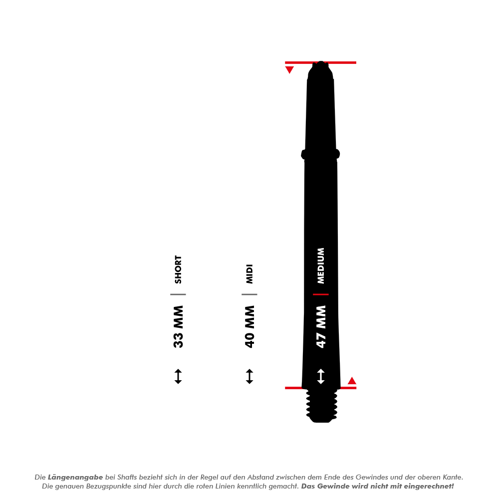 HR327_Harrows_Supergrip_Fusion_Shafts_5_47mmXRHQZo8dagqfr Das Bild zeigt die 'Harrows Supergrip Fusion Shafts - Gelb' in drei verschiedenen Längen: Short (33 mm), Midi (40 mm) und Medium (47 mm). Die roten Linien markieren die genaue Messung der Längen ohne das Gewinde.
