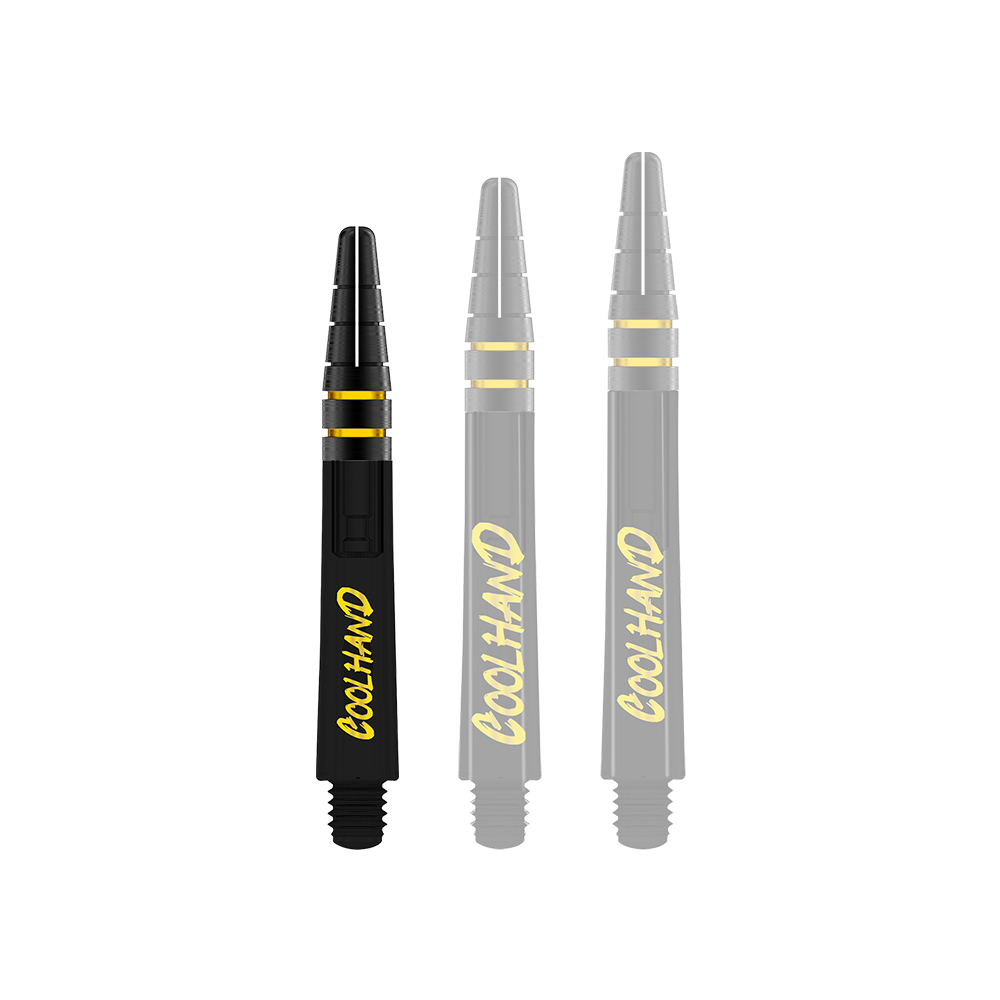 Red Dragon Nitrotech Luke Humphries Coolhand Shafts - Czarny Das Bild zeigt drei schwarze Dartschäfte mit gelber Schrift, auf denen "COOLHAND" steht. Die Schäfte haben gelbe Ringe und sind 36 mm lang.