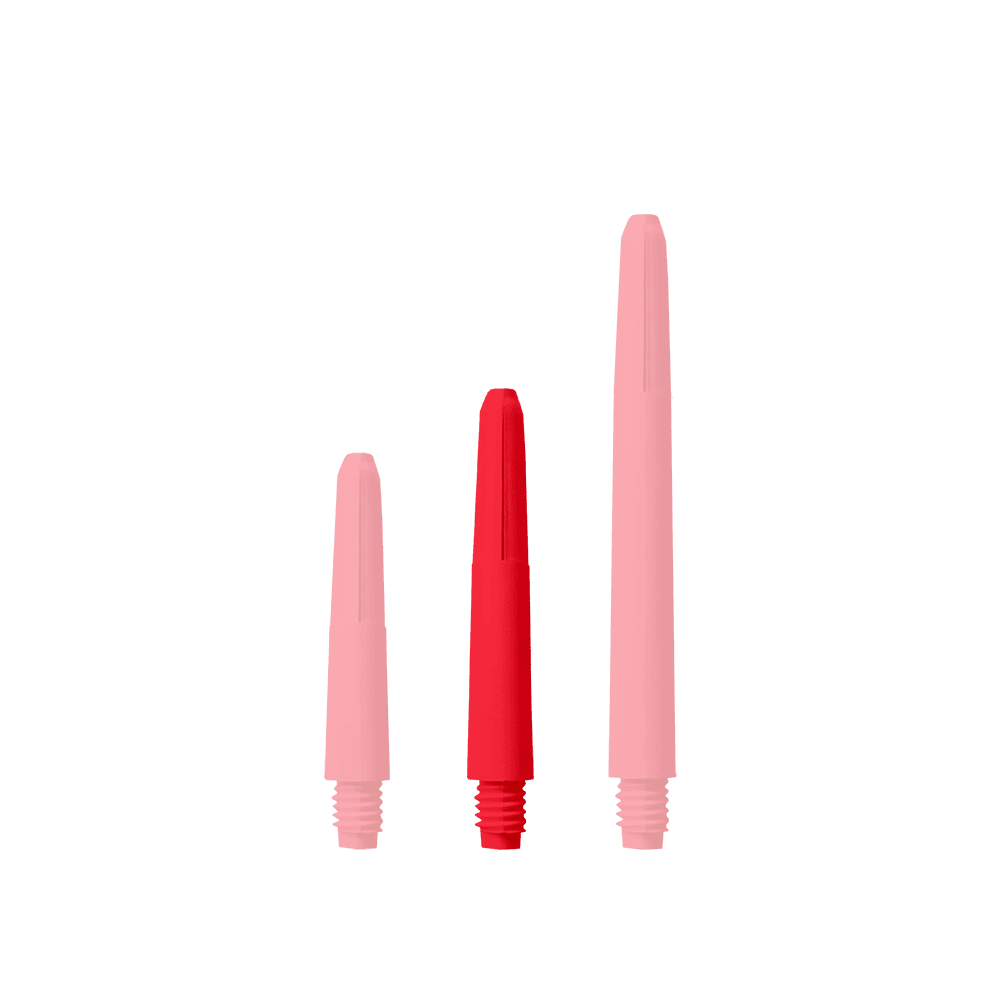 Das Bild zeigt drei rote Nylon-Schäfte in unterschiedlichen Längen. Sie stehen nebeneinander auf weißem Hintergrund.