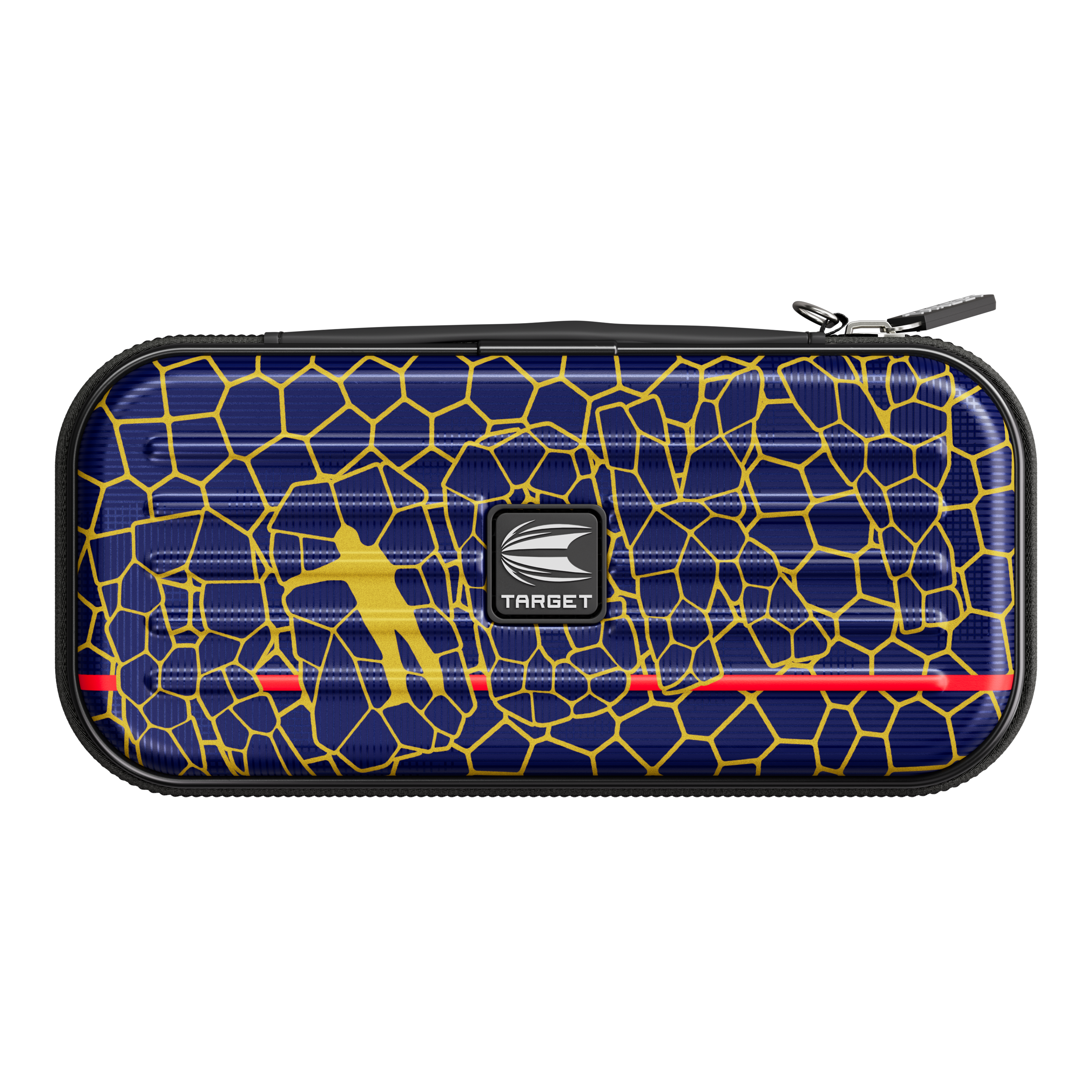 Etui na lotki Target Takoma Josh Rock Das Bild zeigt ein Dartcase namens "Target Takoma Josh Rock Dartcase". Das Etui hat ein blaues Muster mit gelben Linien und einem gelben Dartspieler sowie dem Target-Logo in der Mitte.