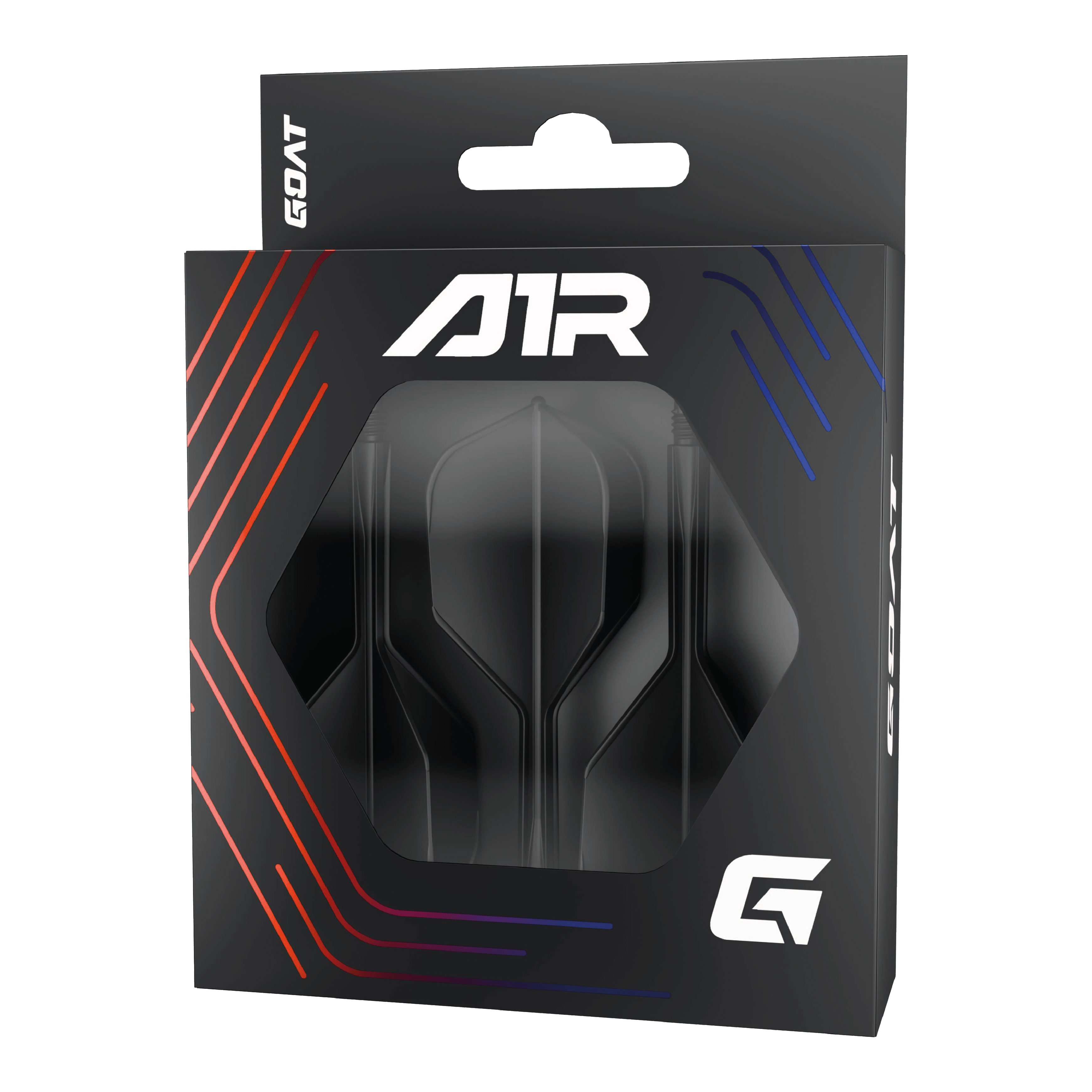 System wału lotniczego GOAT A1R No6 - czarny Die Abbildung zeigt die Verpackung des Produkts „GOAT A1R No6 Flight-Shaft-System - Schwarz“. In der schwarzen Schachtel sind Flights und Shafts für Dartpfeile sichtbar.