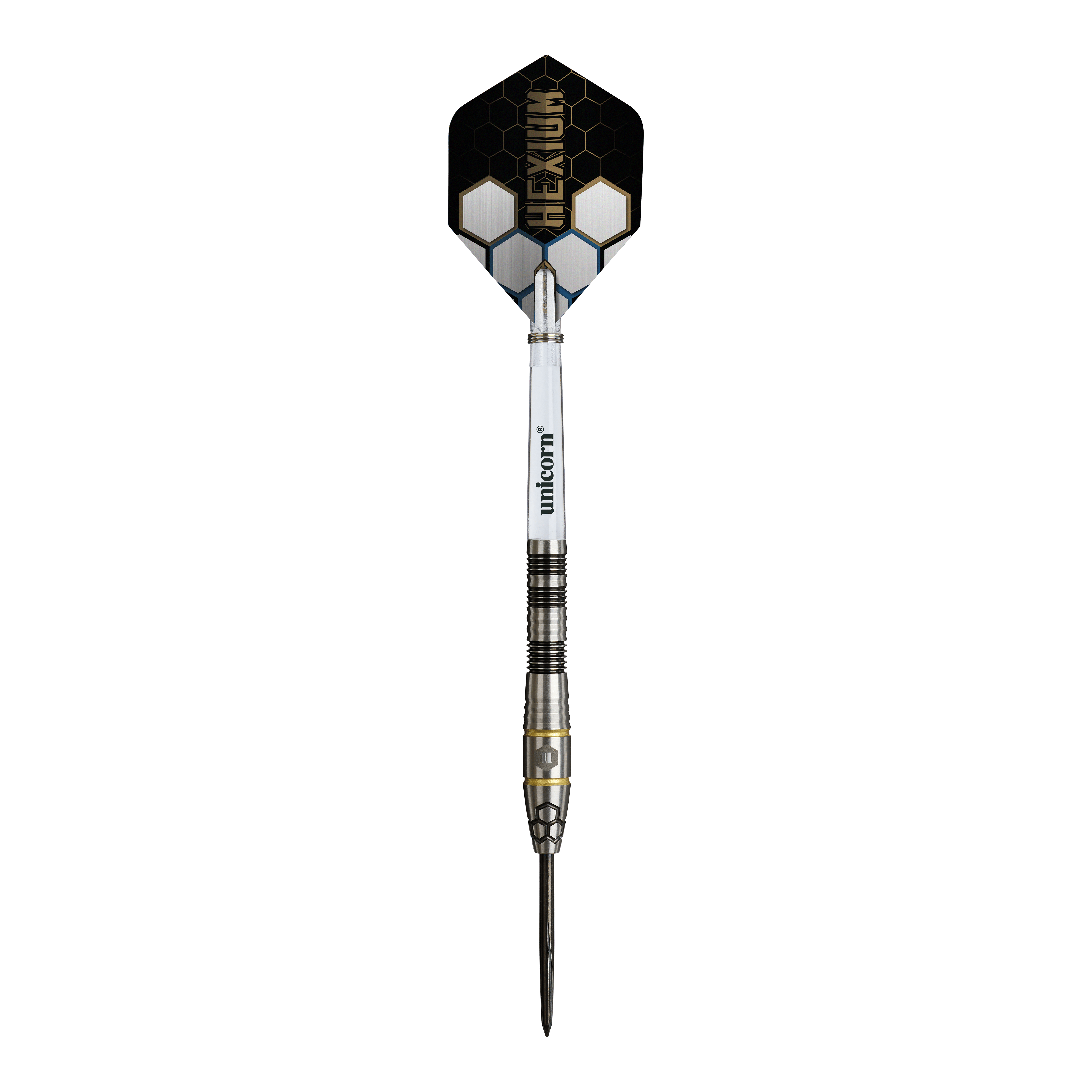 Unicorn Hexium Style 01 Czarno-złote Steeldarts Dieses Bild zeigt die Unicorn Hexium Style 01 Black & Gold Steeldarts. Die Steeldarts sind in den Farben Schwarz und Gold gestaltet.