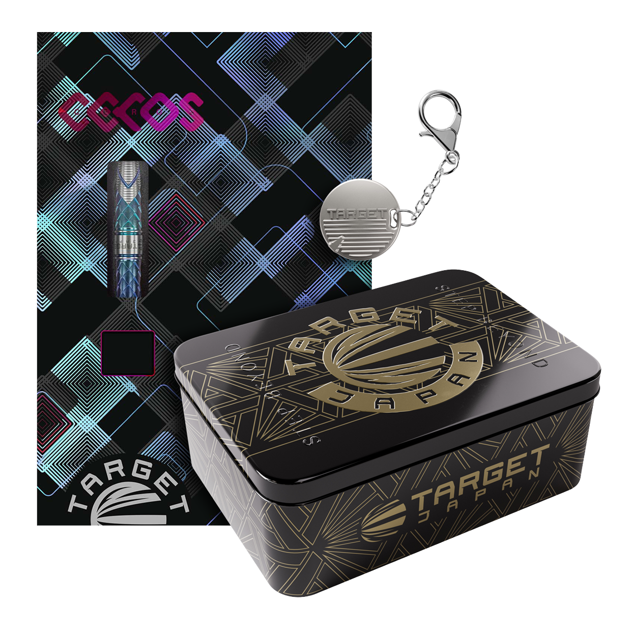 Das Bild zeigt das Produkt "Target Japan Kaze Series Ceros 01 Steeldarts - 23g" mit einer stilvollen Verpackung. Es sind außerdem eine elegante Aufbewahrungsbox und ein Schlüsselanhänger abgebildet.
