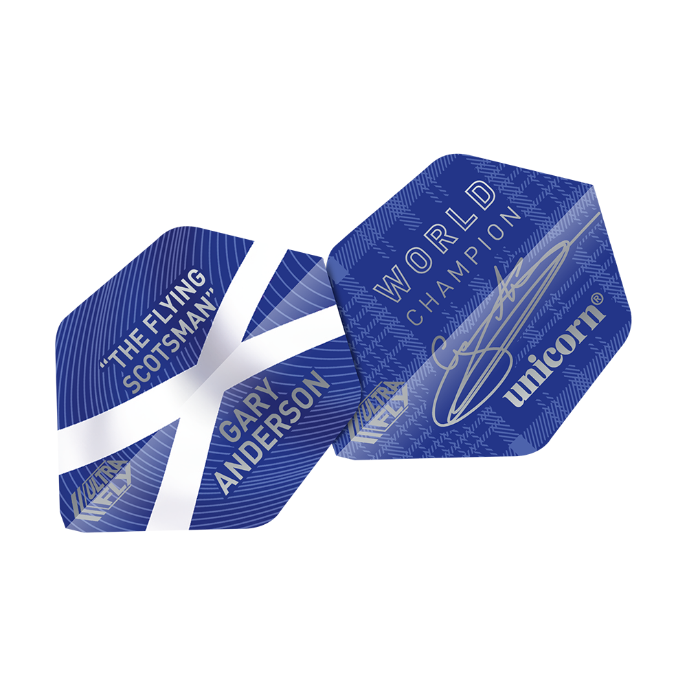 UN17_69041_Unicorn_UltraFly75_Gary_Anderson_World_Champion_AR2_Flights_2 Das Bild zeigt zwei blaue Dart-Flights mit weißem Kreuz und der Aufschrift „THE FLYING SCOTSMAN GARY ANDERSON“. Auf dem anderen Flight stehen „WORLD CHAMPION“, eine Unterschrift und das Markenzeichen „unicorn“.