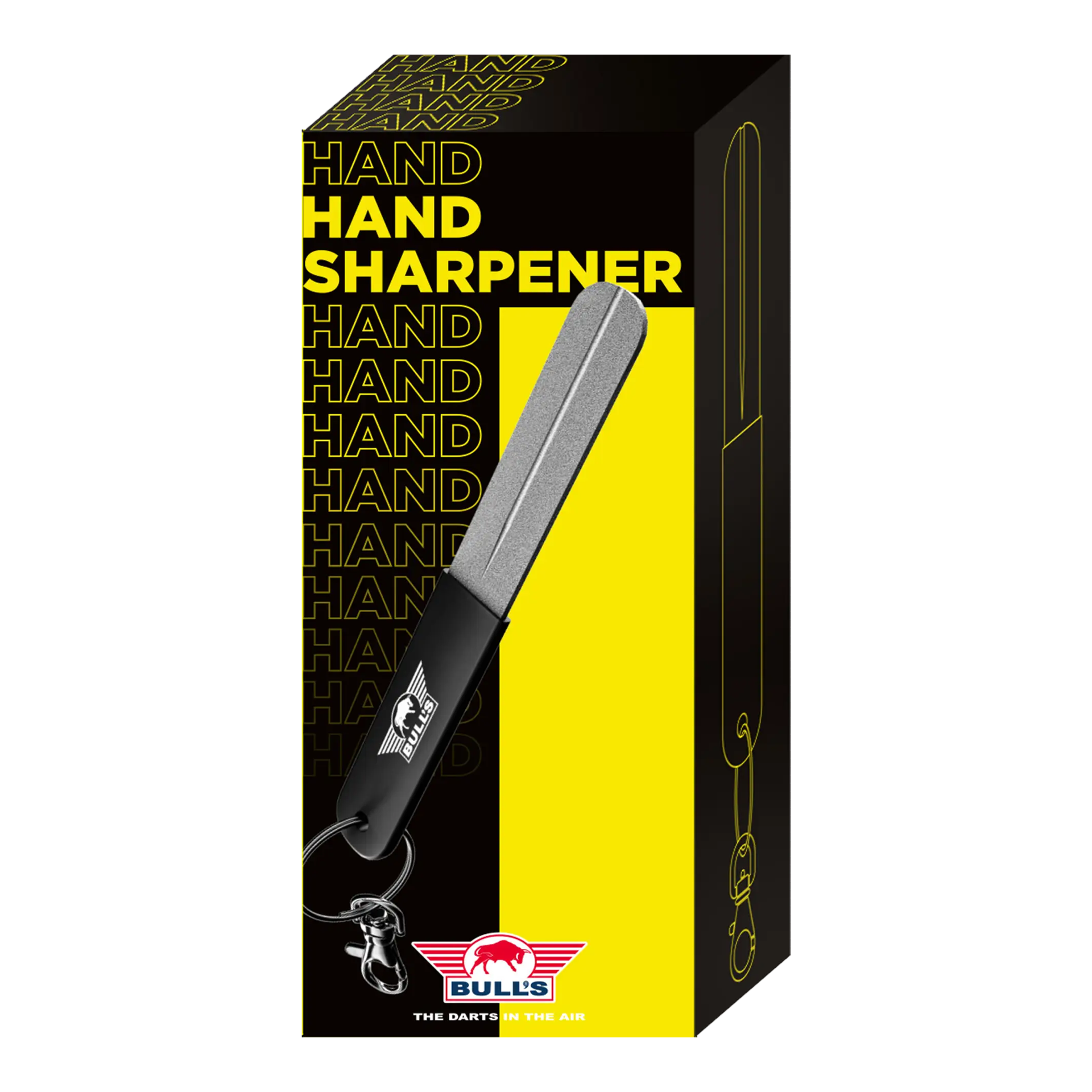Hier sieht man den Bulls NL Hand Sharpener Schleifstein, geeignet zum Nachschärfen von Darts. Das Produkt wird aus einer weiteren Ansicht präsentiert.
