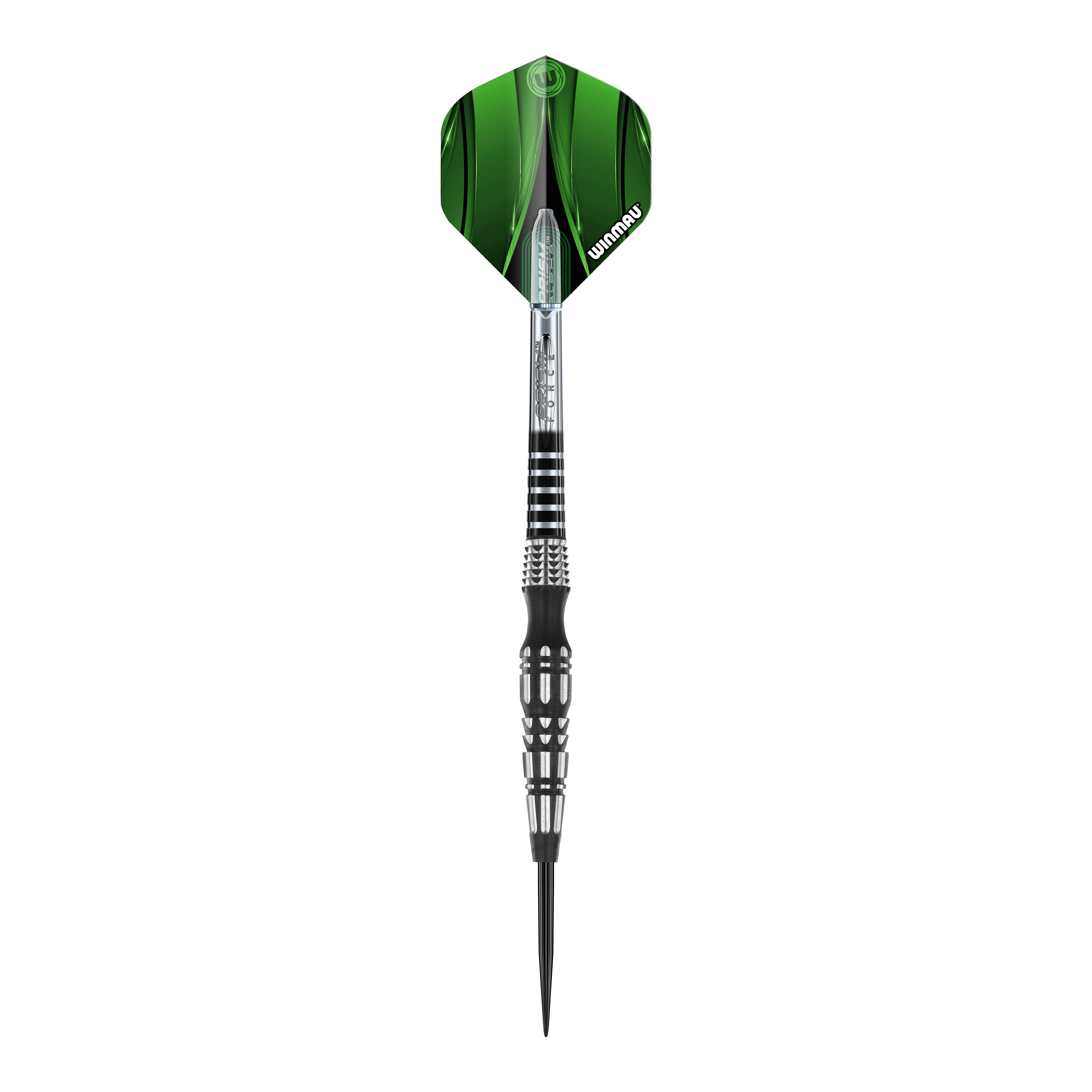 Stalowe strzałki Winmau Sniper Special Edition V2 Das Bild zeigt einen Winmau Sniper Special Edition V2 Steeldart. Der Dart hat eine grüne Flight und ein silber-schwarzes, geriffeltes Barrel.