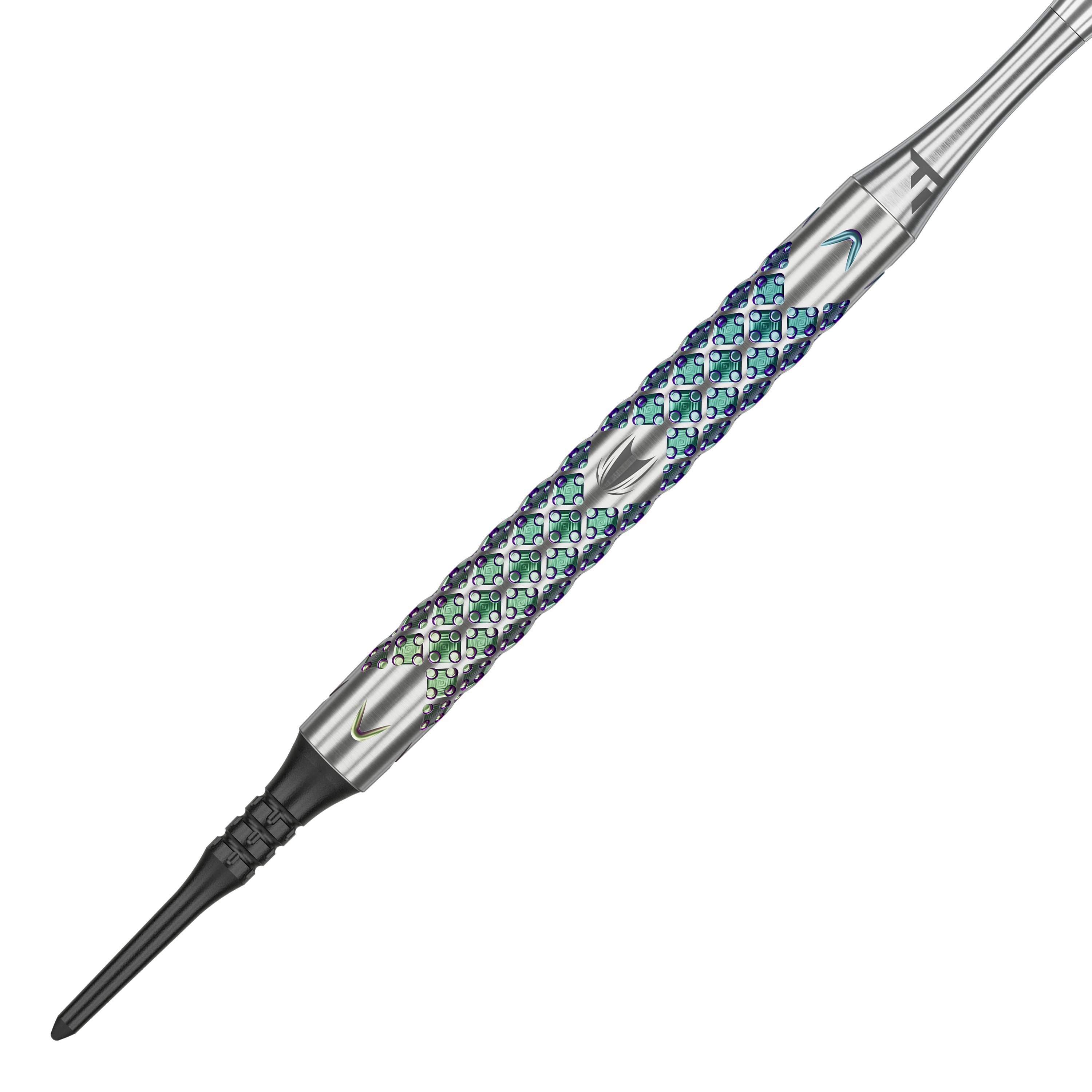 Target Rove 10 miękkich rzutek Das Bild zeigt einen Target Rove 10 Softdart mit einem metallischen, bunt schimmernden Griff. Das Design weist eine strukturierte Oberfläche mit feinen Mustern auf.