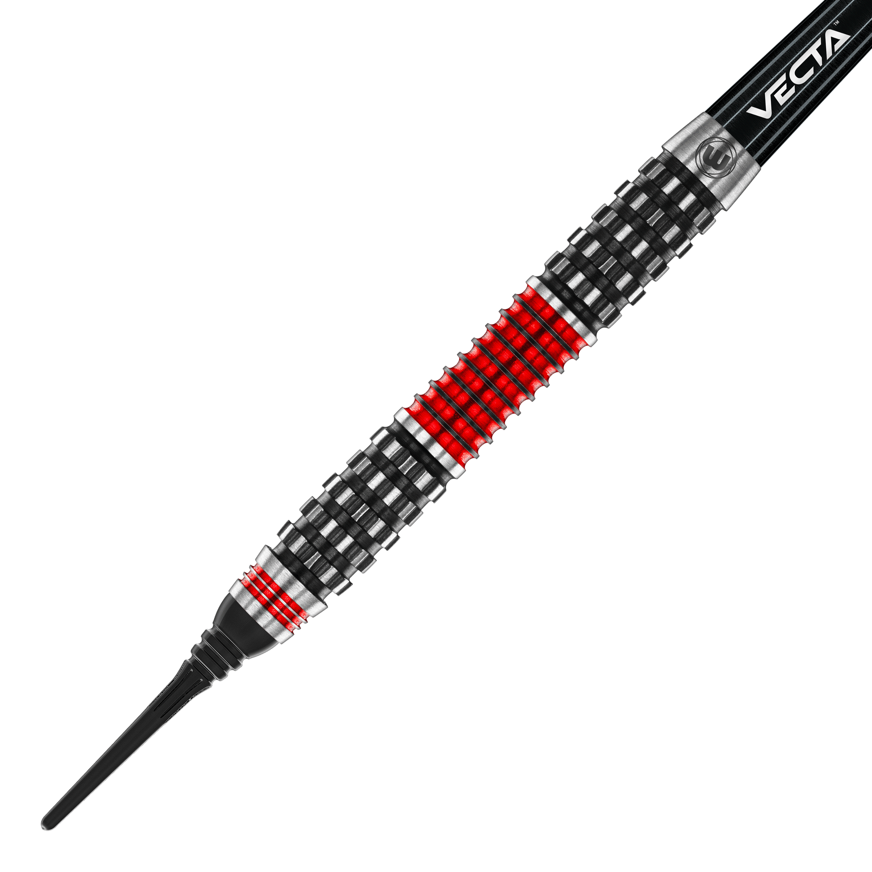 Lotki Winmau Joe Cullen Rockstar Series RS1 Soft Darts - 20g Dies ist ein Softdart aus der Winmau Joe Cullen Rockstar Series RS1 mit einem Gewicht von 20g. Der Dart hat ein auffälliges Design mit schwarzen, silbernen und roten Ringen am Barrel.