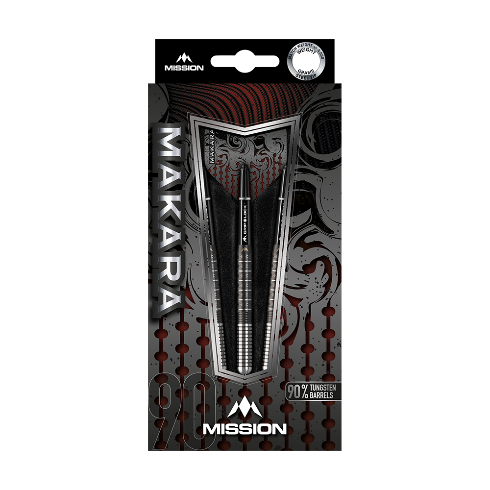 Die Abbildung zeigt die Verpackung der "Mission Makara M1 Steeldarts". Auf der Verpackung steht, dass die Darts 90% Tungsten-Barrels haben.