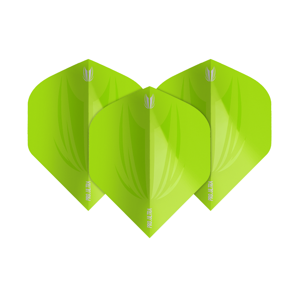 TG436_Target_ProUltra_ID_Lime_Green_No2_Standard_Flights_1 Das Bild zeigt drei limegrüne Standard-Flights für Dartpfeile. Die Flights tragen die Aufschrift "ProUltra ID" und haben ein modernes, glänzendes Design.