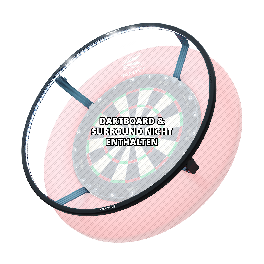 System oświetlenia tarczy LED Target CORONA Vision Das Bild zeigt das Produkt "Target CORONA Vision LED Dartboard Lighting System", das als Beleuchtungssystem für eine Dartscheibe dient. Auf dem Bild steht außerdem der Hinweis: "Dartboard & Surround nicht enthalten."