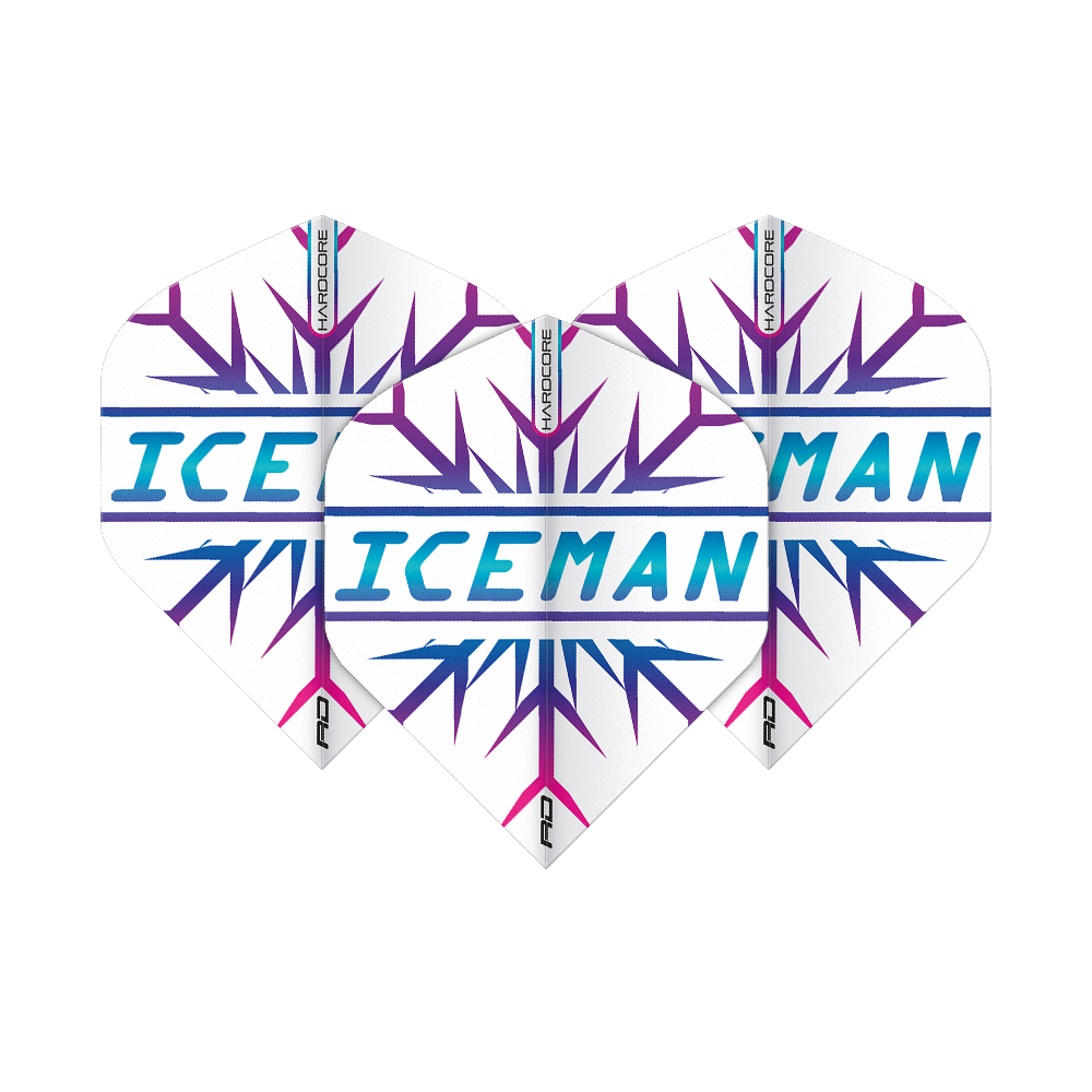 TF6827_Red_Dragon_Hardcore_Gerwyn_Price_Rainbow_Snowflake_Standard_Flights_1BcQU8PL8cdEGo Das Bild zeigt drei Dartflights mit einem weißen Hintergrund und lilafarbenen Schneeflockenmustern. In der Mitte steht in blauen Buchstaben das Wort „ICEMAN“.