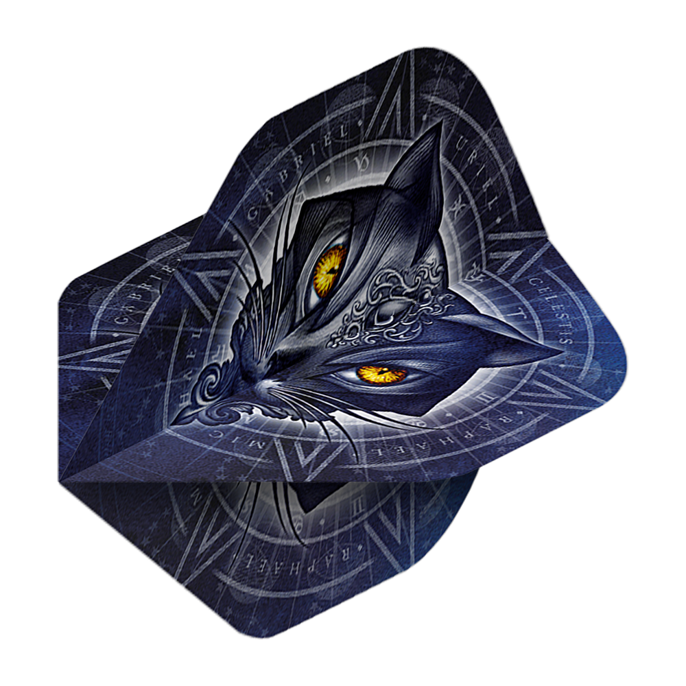 Das Bild zeigt das Produkt „Alchemy Star Of Ailouros No2 Standard Flights“. Auf dem Flight ist ein dunkelblaues Katzenmotiv mit leuchtend gelben Augen und mystischen Symbolen abgebildet.