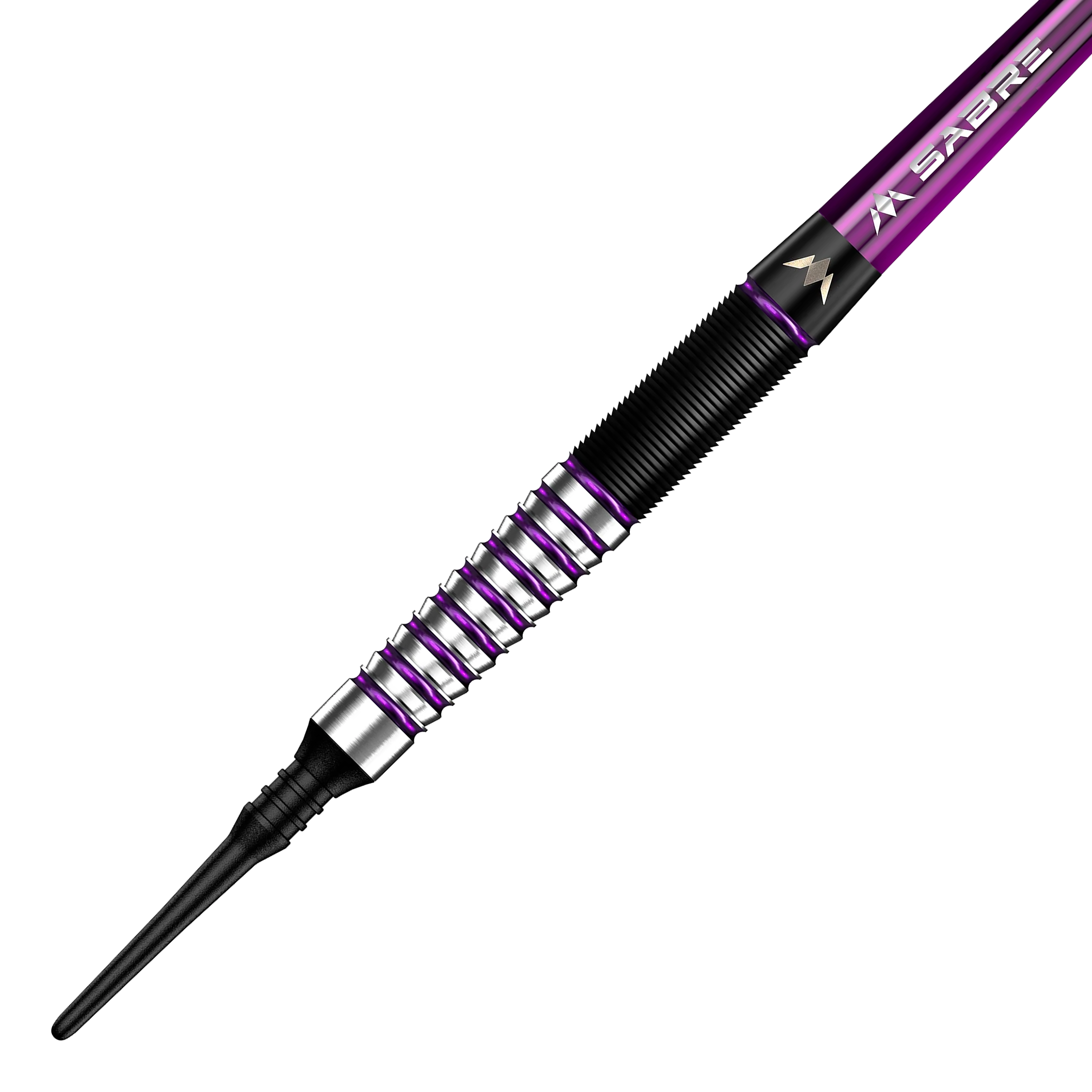 Das Bild zeigt einen Softdart mit einem schwarzen und lila Design. Der Dart heißt "Mission James Hurrell Hillbilly Black Purple Softdarts - 18g".