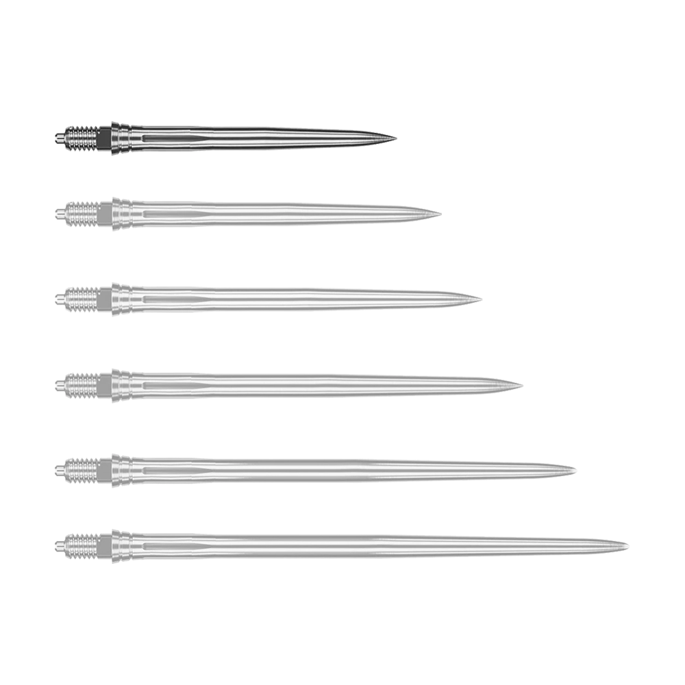 Końcówki do lotek Caliburn EZ-EVO - gładkie - srebrne Abgebildet wird eine weitere glatte silberne Dartspitze, vermutlich in einer anderen Perspektive. Die Spitze scheint aus Metall zu bestehen.