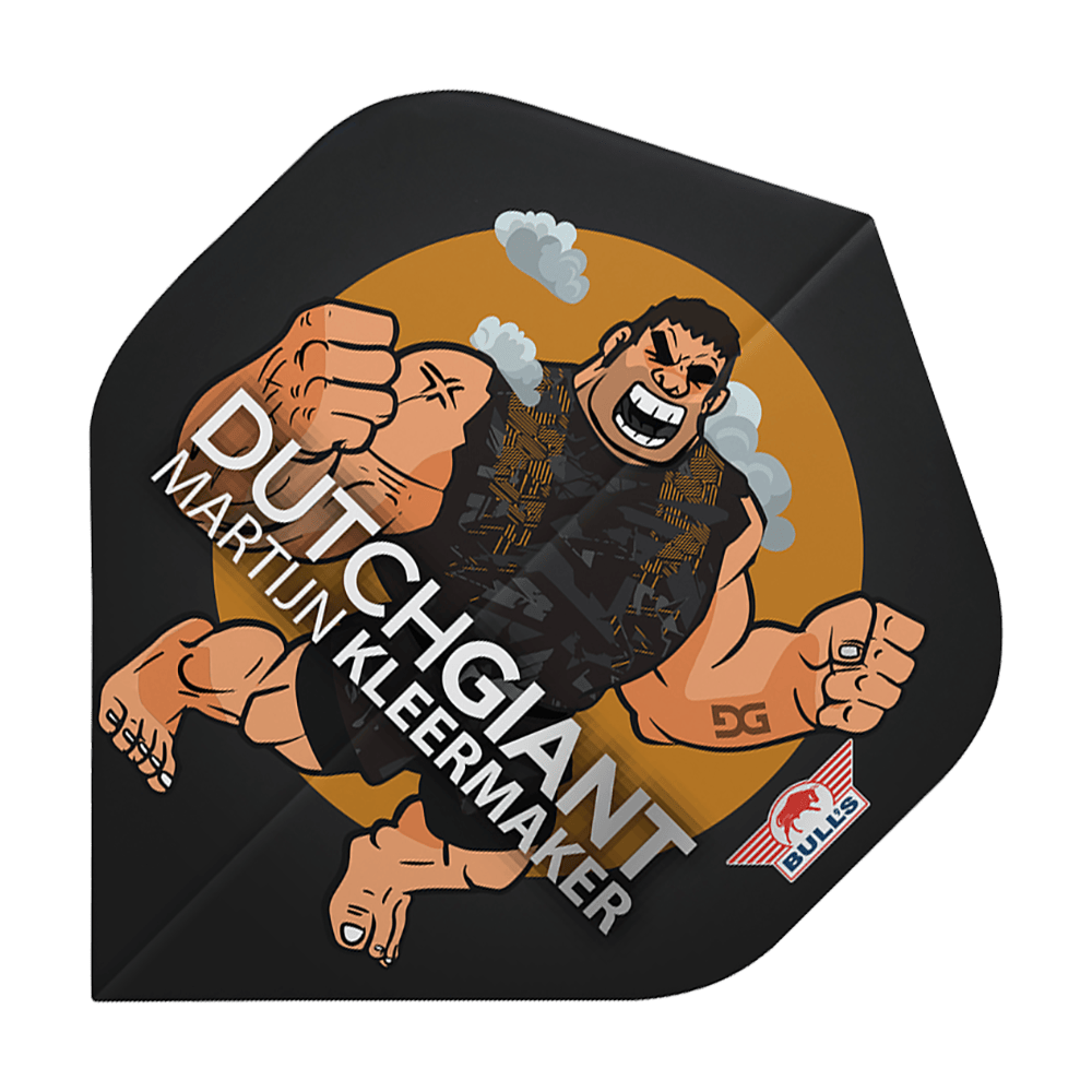 BU50922_Bulls_NL_Player_100_Martijn_Kleermaker_Cartoon_No2_Standard_Flights_1 Das Bild zeigt ein Dart-Flügel mit einer Cartoon-Zeichnung eines muskulösen Mannes und dem Text "Dutch Giant Martijn Kleermaker". Unten rechts befindet sich das Bulls-Logo.