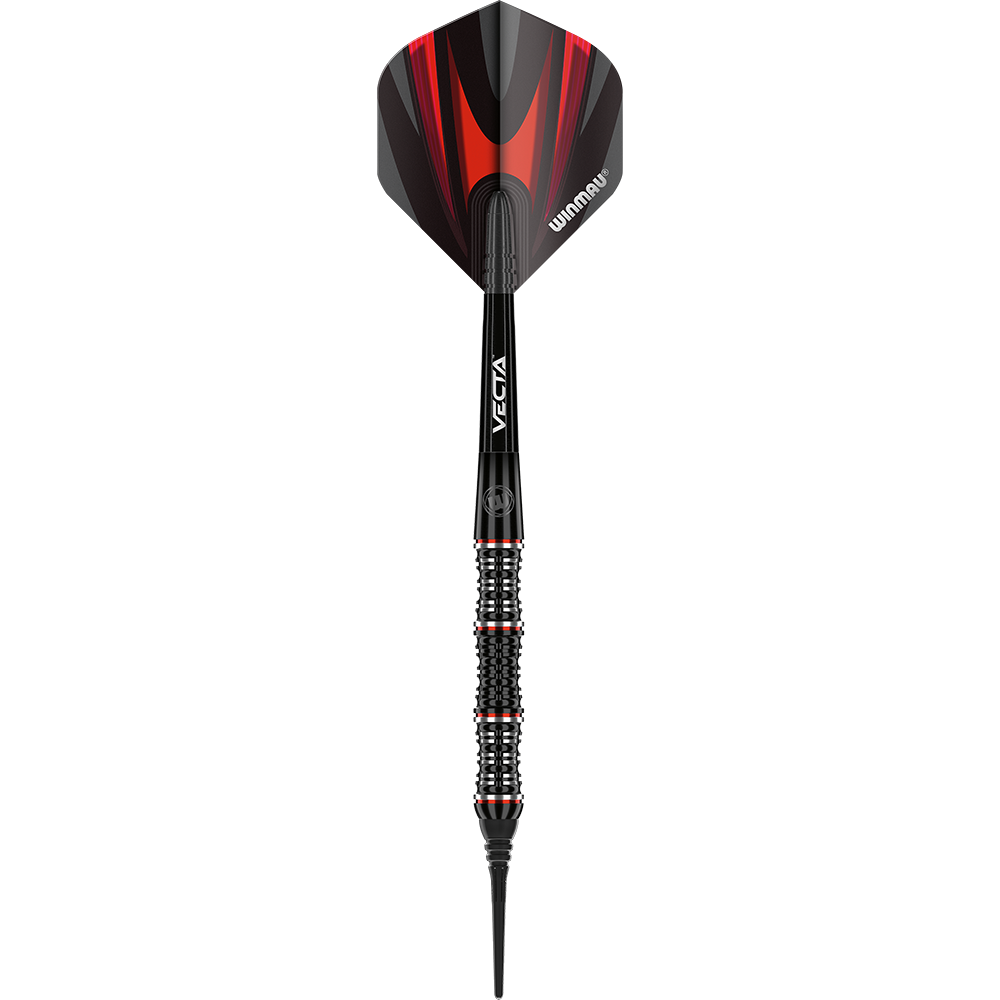 2440_Winmau_Mervyn_King_Special_Edition_Softdarts_1sK7i5faRNs77F Das Bild zeigt den Winmau Mervyn King Special Edition Softdart. Der Dart hat ein schwarzes Design mit roten Akzenten und einem strukturierten Griff.