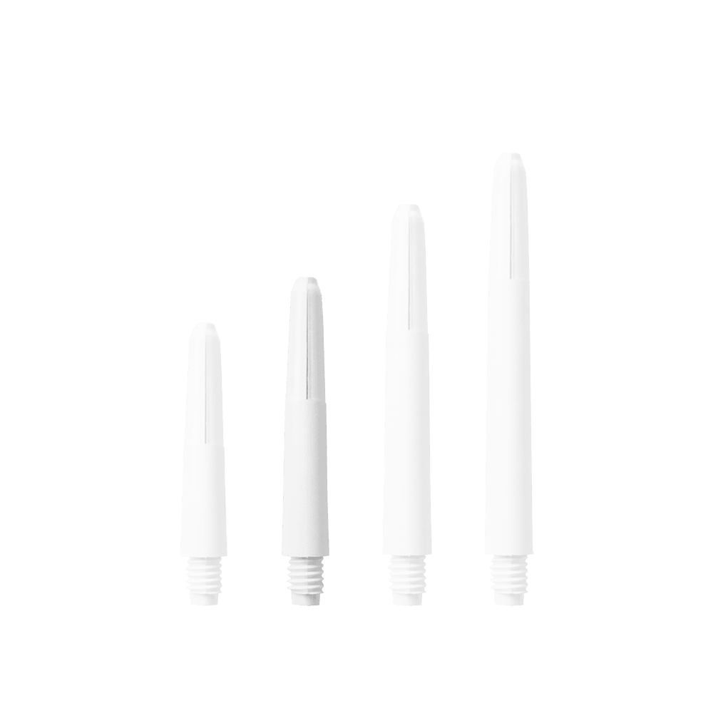 Das Bild zeigt vier Nylon Shafts in Schneeweiß, die in unterschiedlichen Längen angeordnet sind. Sie sind jeweils mit einem Schraubgewinde am unteren Ende versehen.