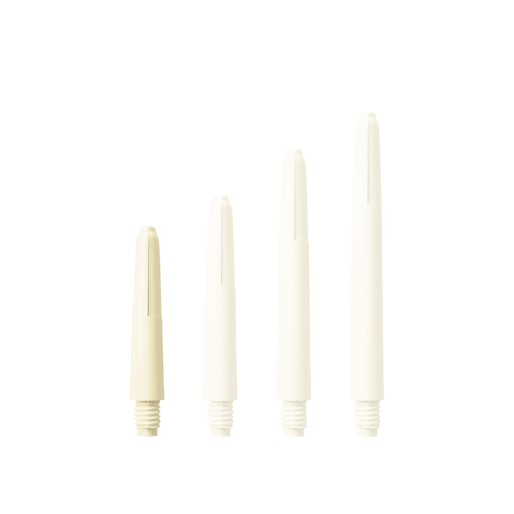 575_Nylon_Shafts_Naturweiss_28mm_15xUTm3L9tur5Y Das Bild zeigt vier Nylon Shafts in Naturweiß, die in unterschiedlichen Längen angeordnet sind. Sie haben ein Gewinde am unteren Ende.