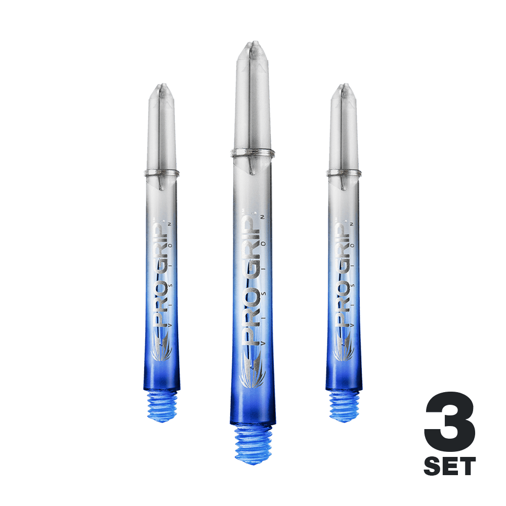 Das Bild zeigt drei blaue "Pro Grip Vision" Shafts für Darts. In der rechten unteren Ecke steht "3 Set".