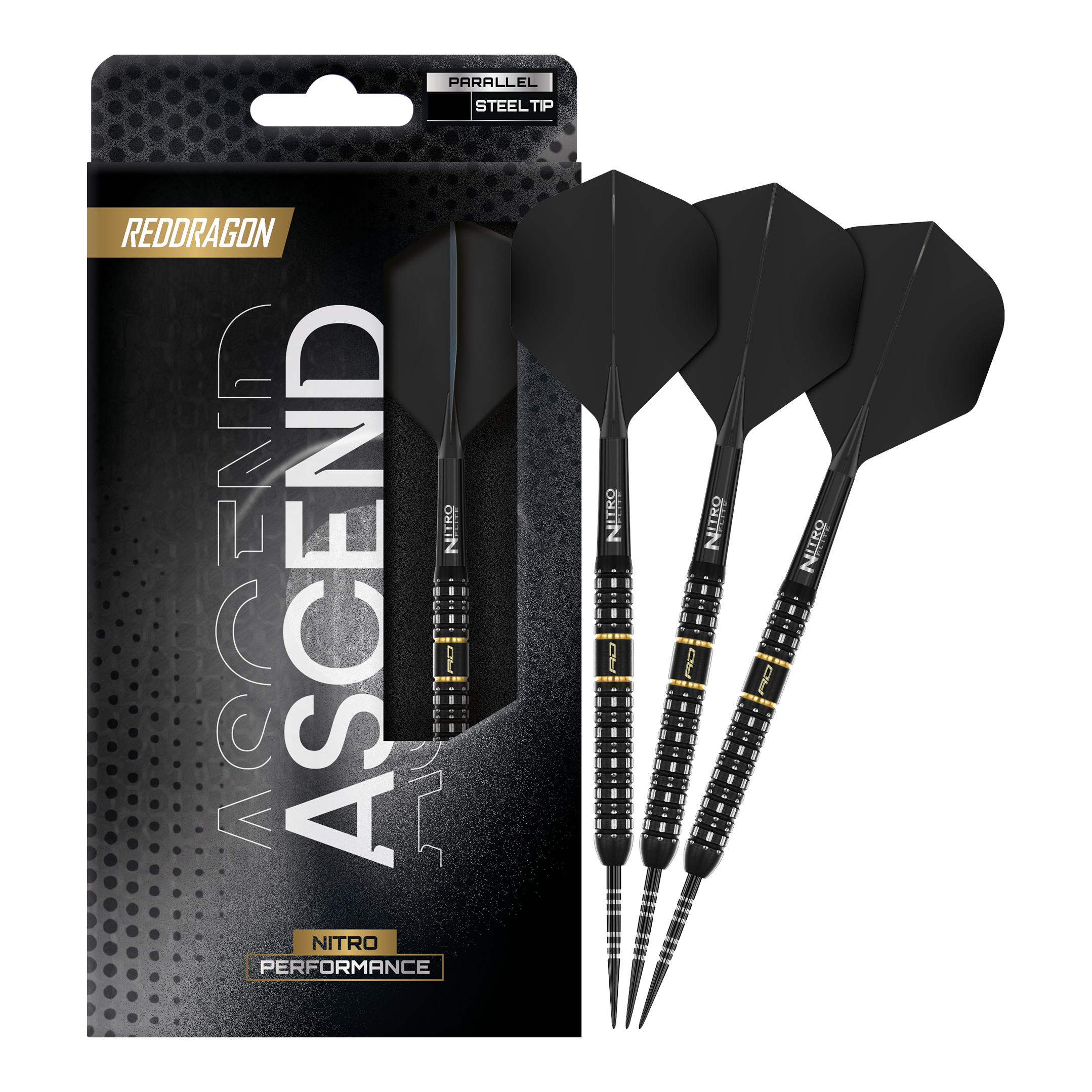 Red Dragon Ascend Parallel Steeldarts Das Foto zeigt die vollständigen Red Dragon Ascend Parallel Steeldarts. Die Darts sind komplett und einsatzbereit dargestellt.