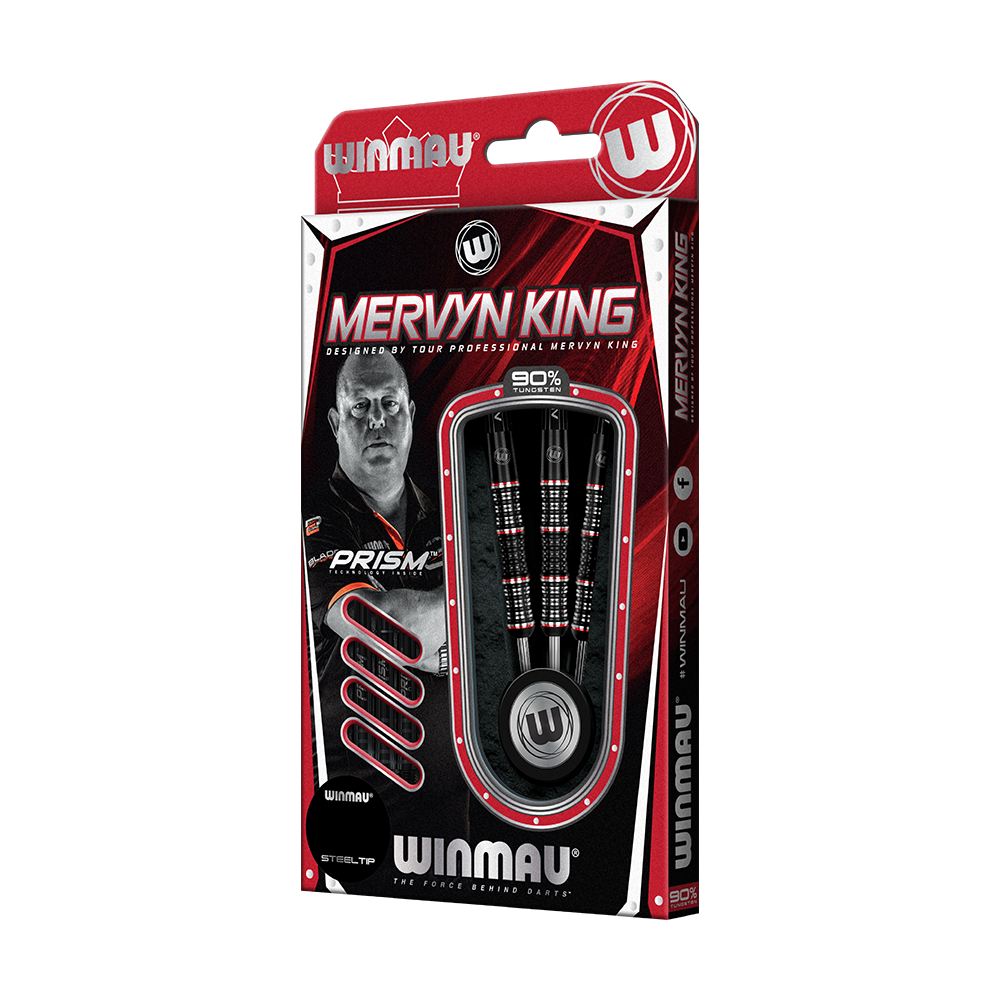 1461_Winmau_Mervyn_King_Special_Edition_Steeldarts_3 Das Bild zeigt die "Winmau Mervyn King Special Edition Steeldarts" in ihrer Verpackung. Die Verpackung ist überwiegend rot und schwarz und zeigt ein Bild von Mervyn King sowie die enthaltenen Steeldarts.