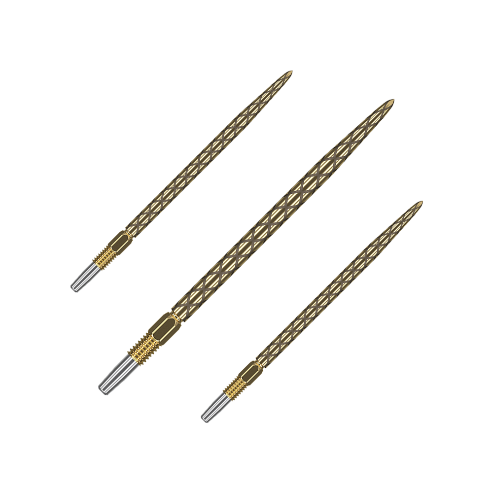 Końcówki do lotek Target Swiss Diamond Pro Gold Das Bild zeigt drei goldfarbene Dartspitzen mit einem diamantähnlichen Muster. Die Spitzen sind schlank und haben eine silberne Befestigung am unteren Ende.