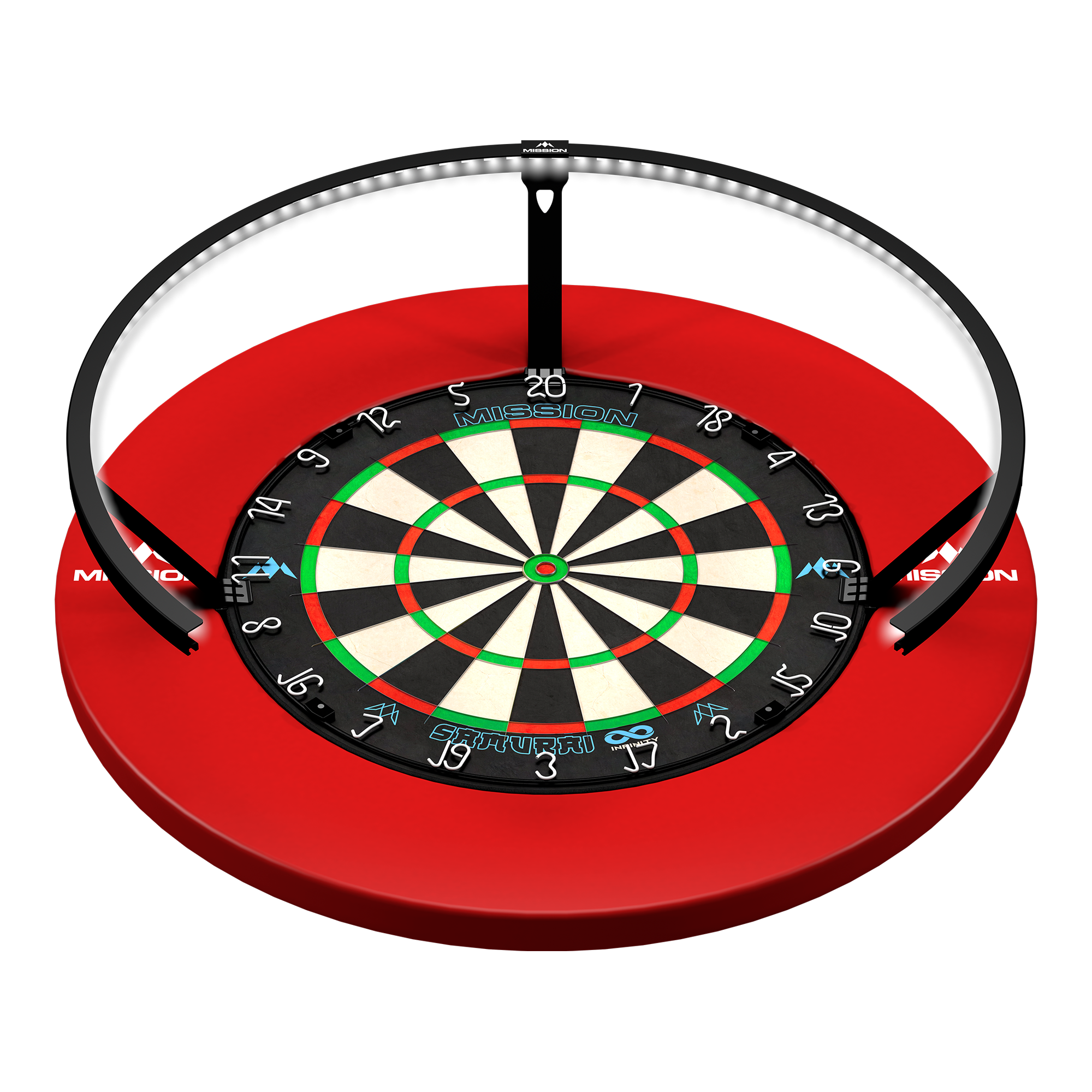Abgebildet ist die Mission Torus 270 LED Dartboard Beleuchtung in Schwarz. Die Beleuchtung sorgt für optimale Ausleuchtung des Dartboards.
