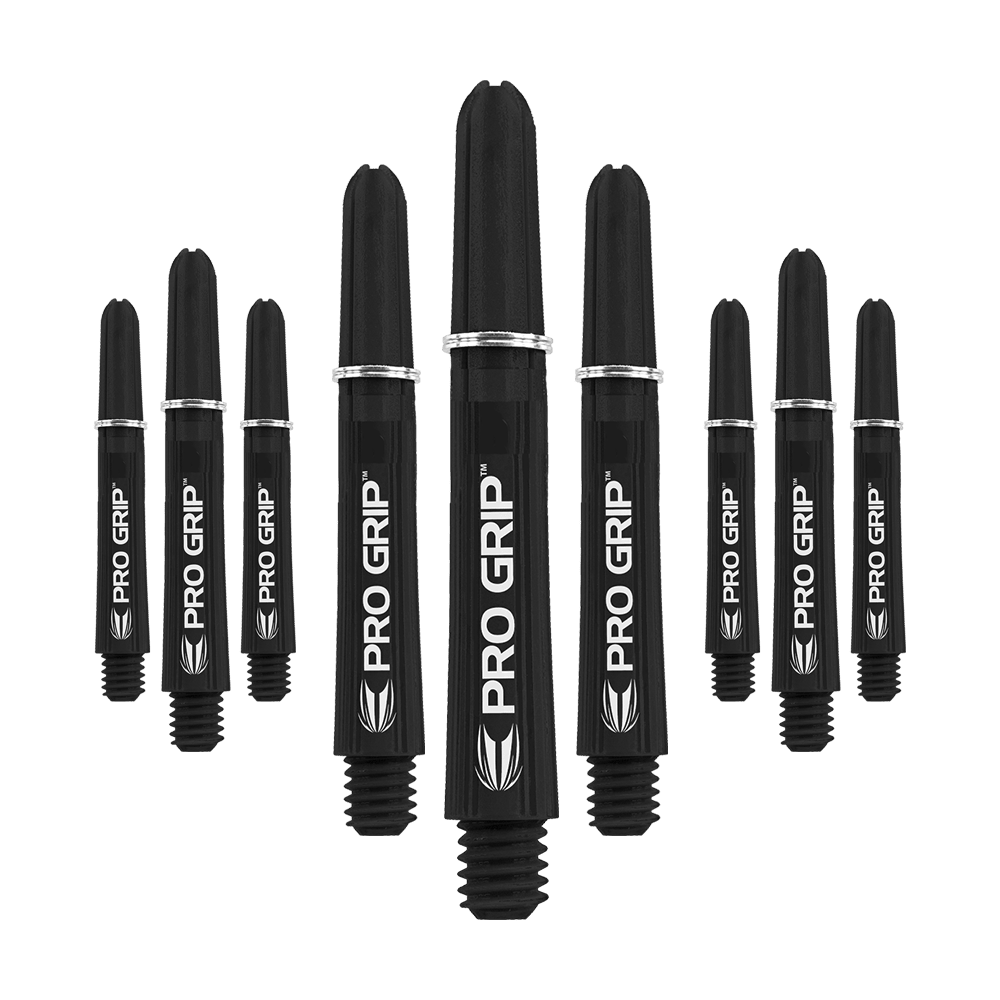 Wałki Target Pro Grip - 3 zestawy - czarne Das Bild zeigt neun schwarze Pro Grip Shafts für Dartpfeile in drei unterschiedlichen Längen. Die Shafts sind mit dem weißen Schriftzug "PRO GRIP" und einem Blatt-Symbol bedruckt.