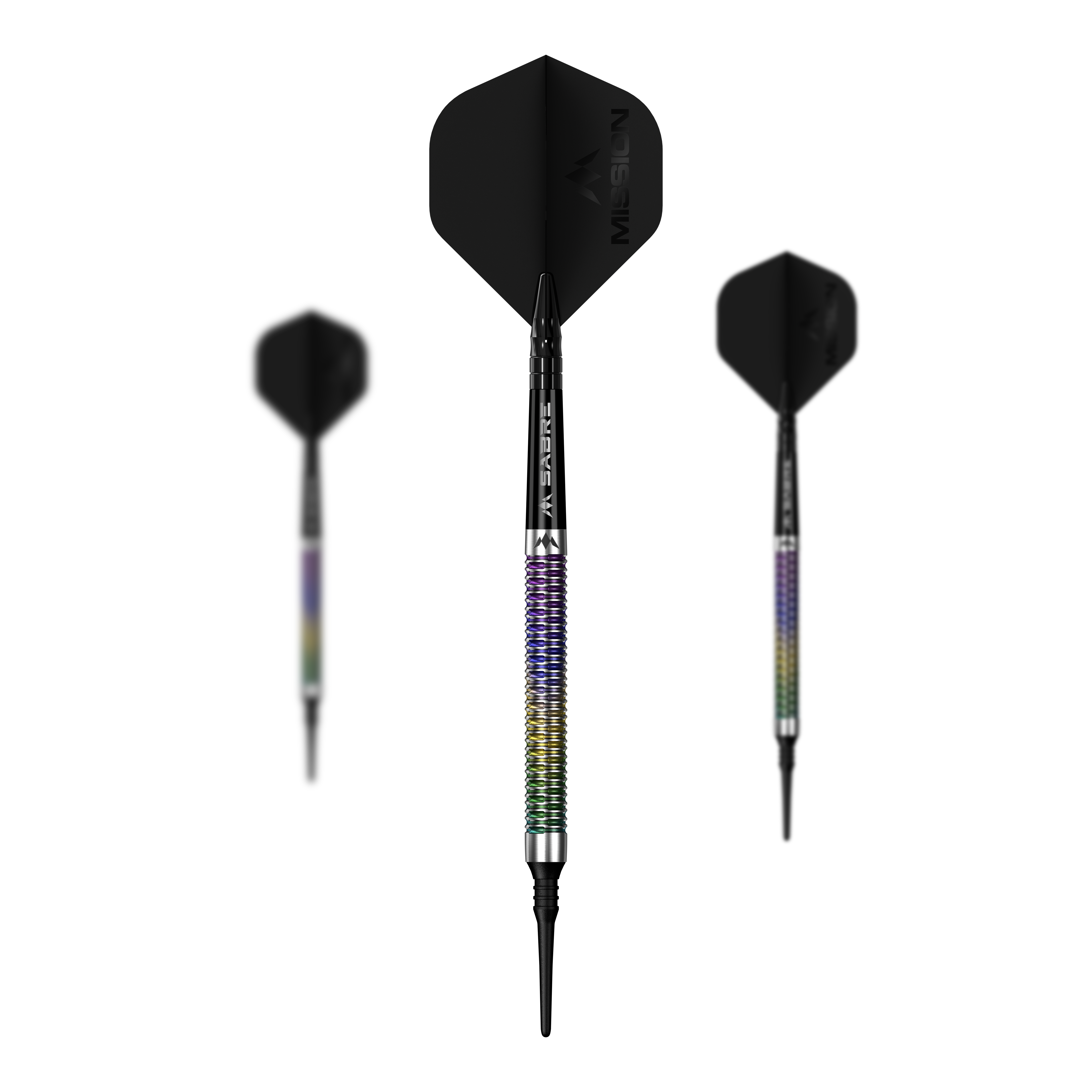 Mission Kaleidos miękkie lotki - 19g Mission Kaleidos Softdarts - 19g wird als Set auf dem Bild präsentiert. Mehrere Softdarts sind nebeneinander angeordnet.