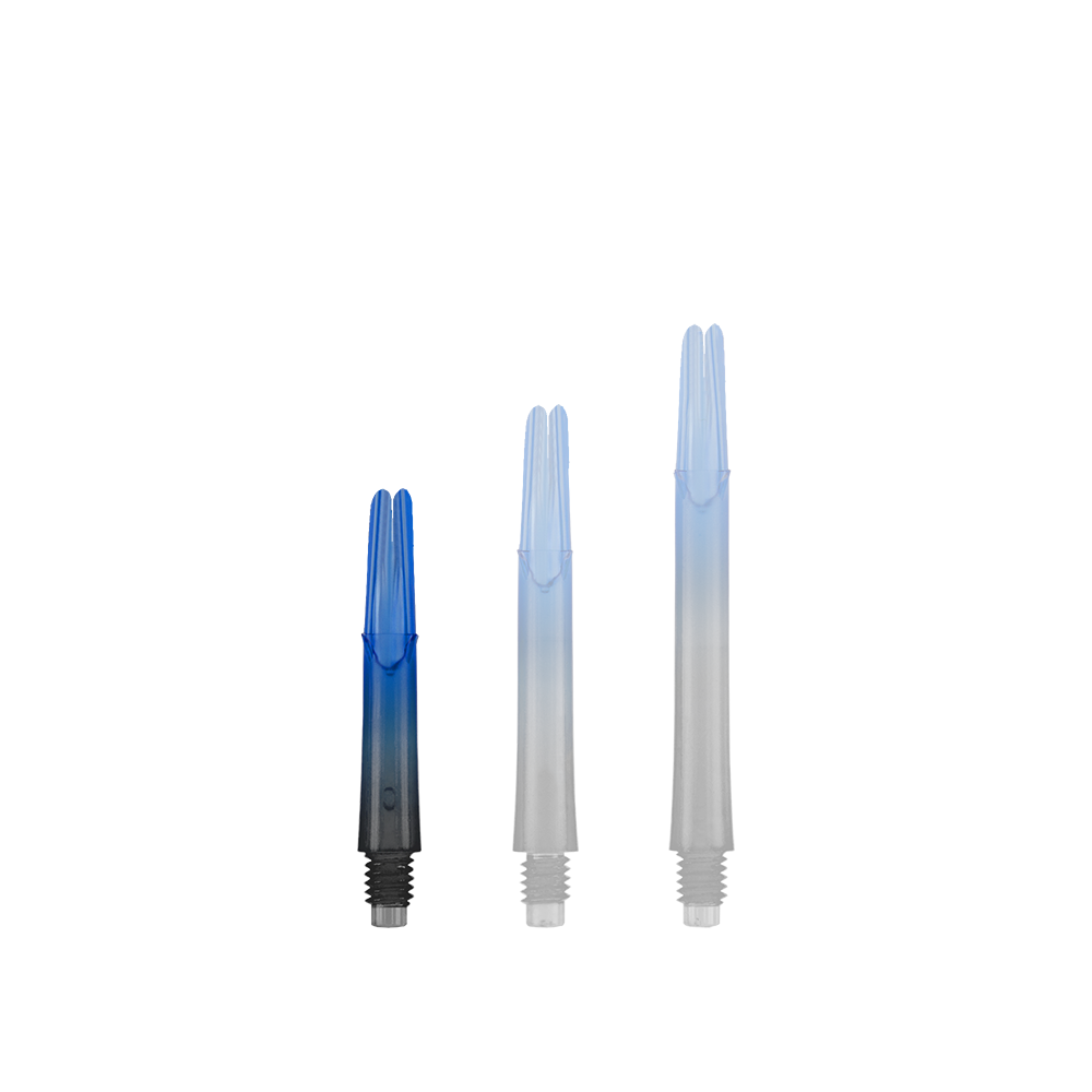 Dwukolorowe wałki L-L-Style-Shaft Locked Straight Natural9 - niebieskie Das Bild zeigt drei unterschiedlich lange Dartschäfte in Blau und Schwarz. Sie stehen nebeneinander und haben ein gerades Design ohne Kappen.