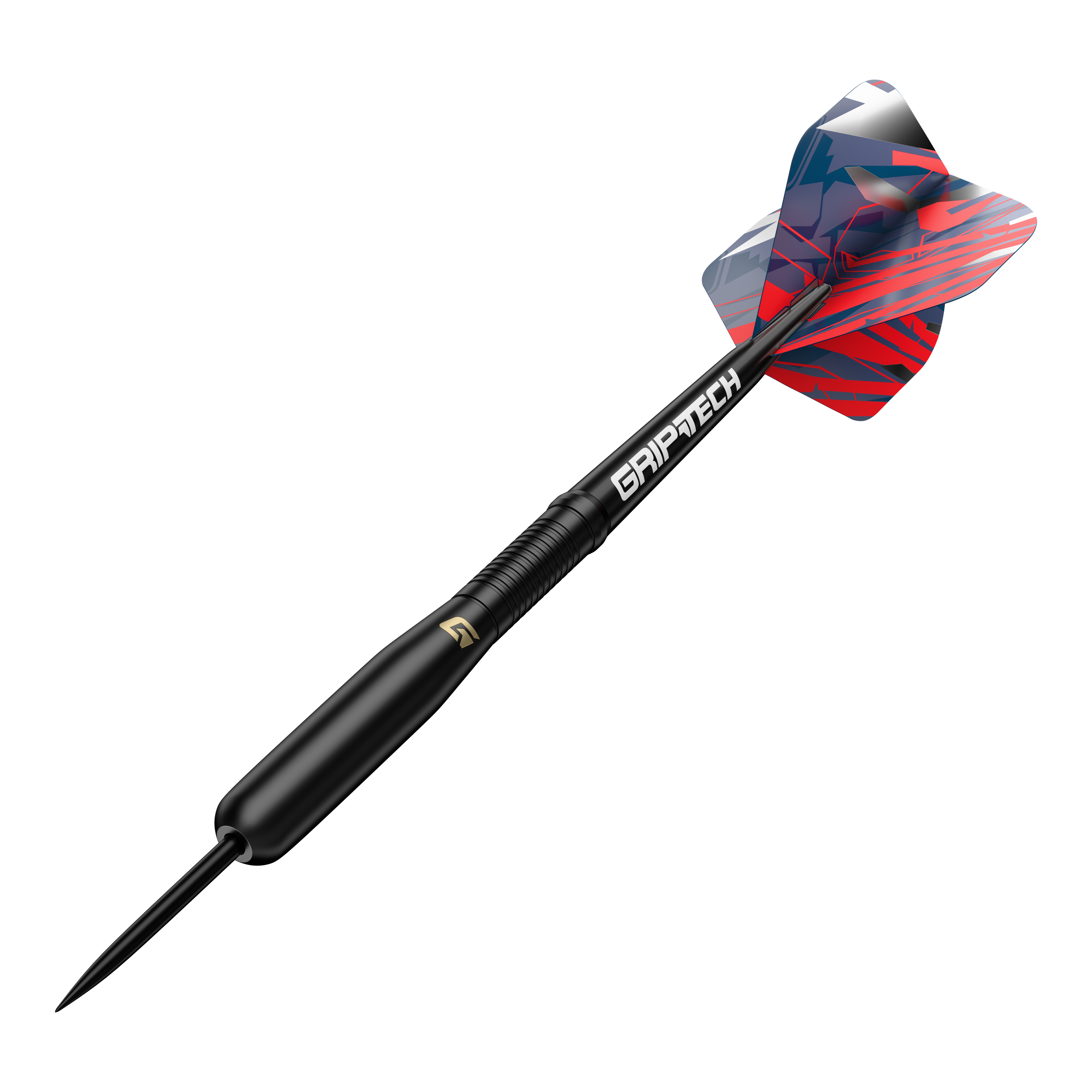 Das Bild zeigt den GOAT Homerun Baseball Black Brass Steeldart mit einem Gewicht von 15g. Der Dart hat ein schwarzes Design und bunte Flights mit roten und blauen Mustern.