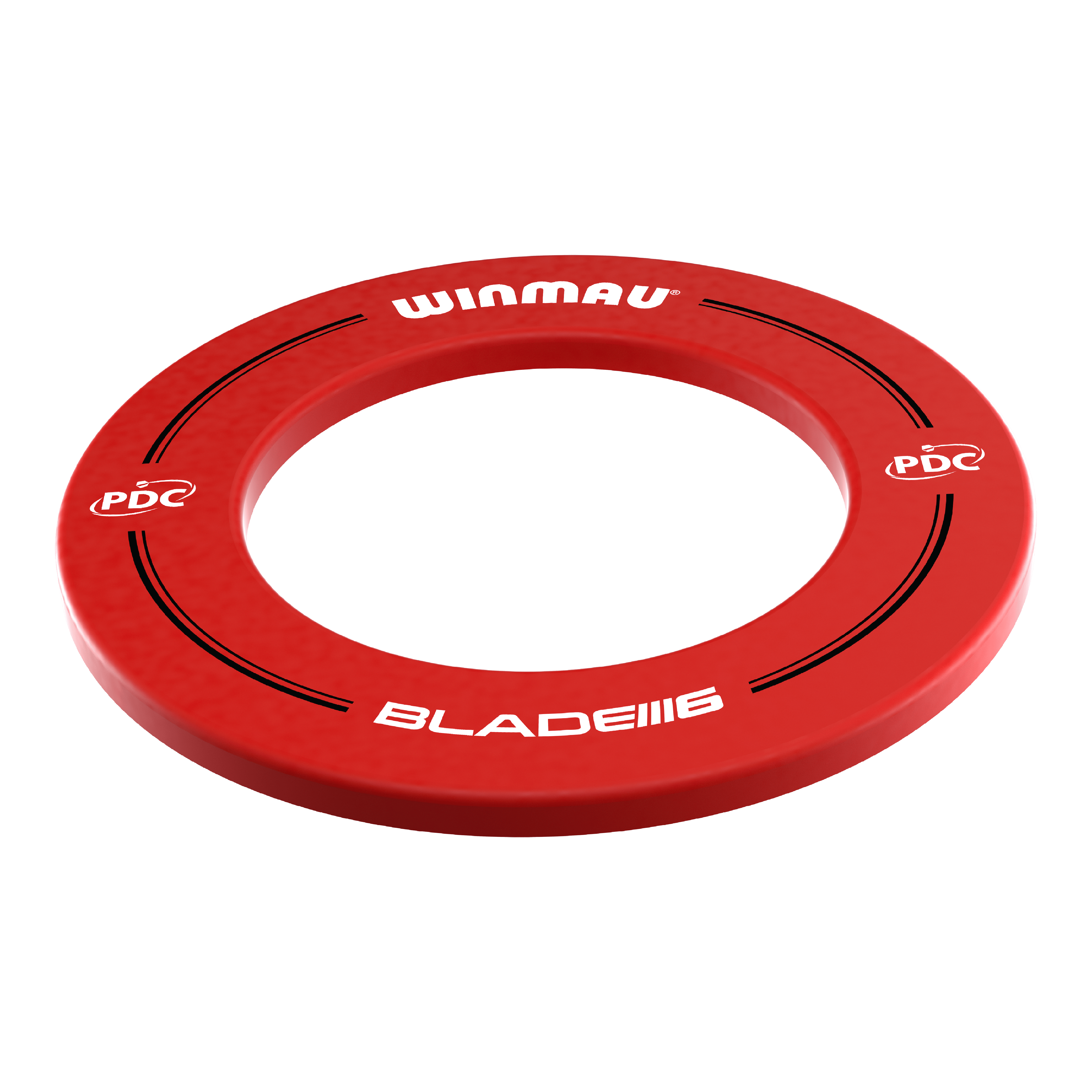 Obudowa tarczy do darta Winmau PDC – czerwona Das Bild zeigt einen roten Dartboard-Surround der Marke Winmau. Auf dem Surround stehen die Aufschriften „WINMAU“, „PDC“ und „BLADE 6“.