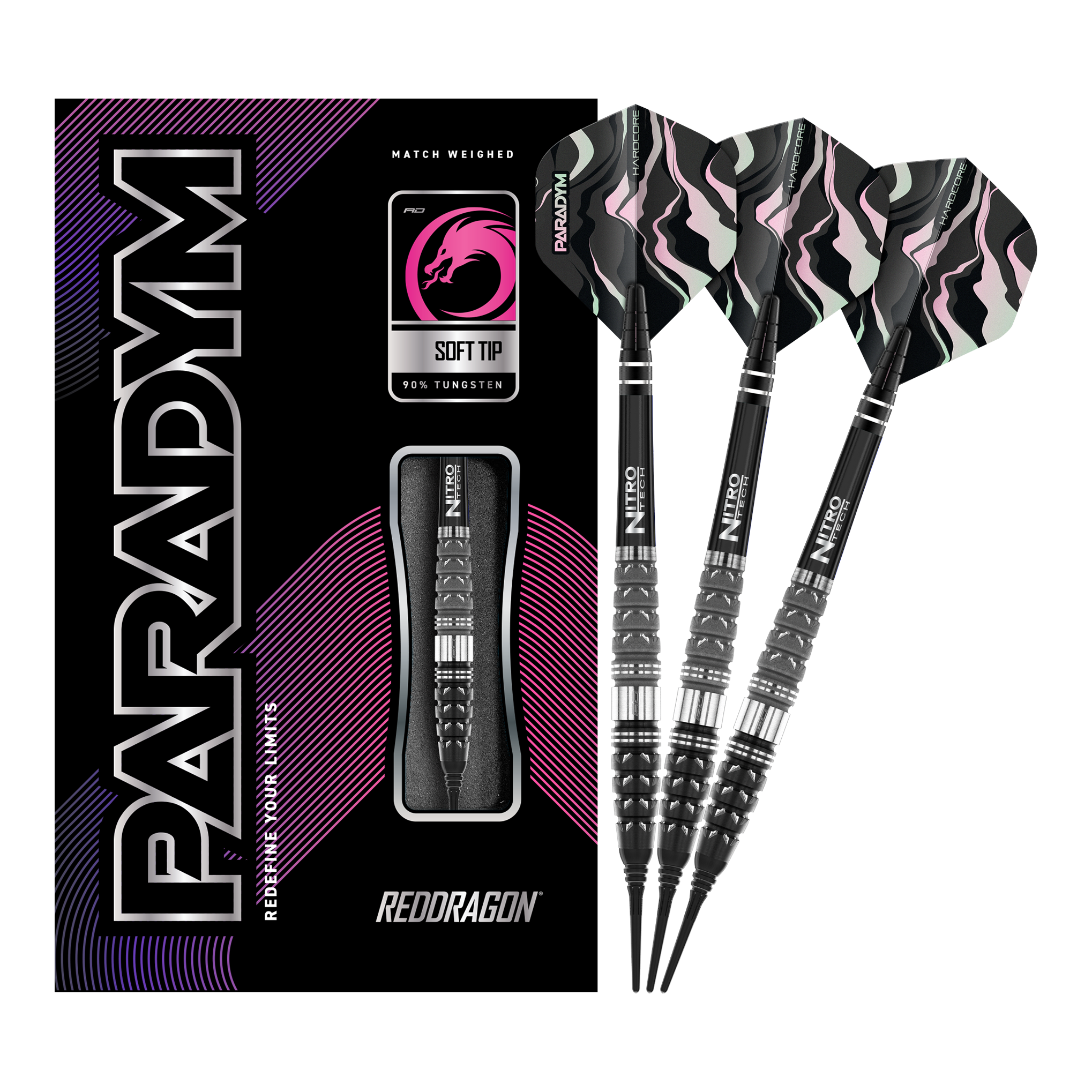 Red Dragon Paradym Torpedo Soft Darts - 20g Auf dem Bild sind die Red Dragon Paradym Torpedo Softdarts mit 20 Gramm Gewicht zu sehen. Die Verpackung und drei Darts mit schwarz-silbernen Spitzen und auffälligen Flights sind abgebildet.