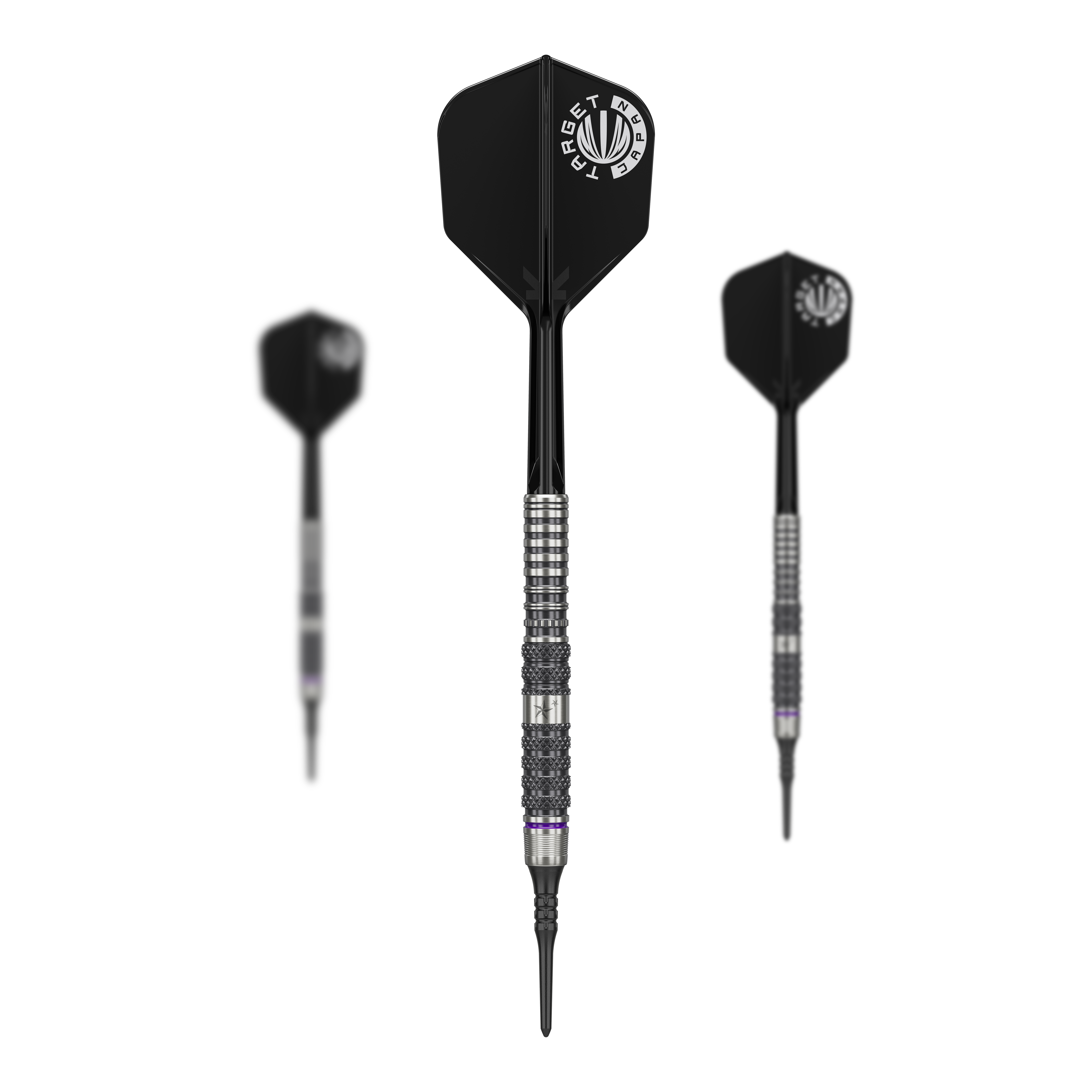 Target Japan Yuta Hayashi Sirius GEN3 Soft Darts - 19g Das Bild zeigt drei Softdarts des Modells "Target Japan Yuta Hayashi Sirius GEN3 - 19g". Die Darts haben schwarze Flights und silberne, geriffelte Barrels.