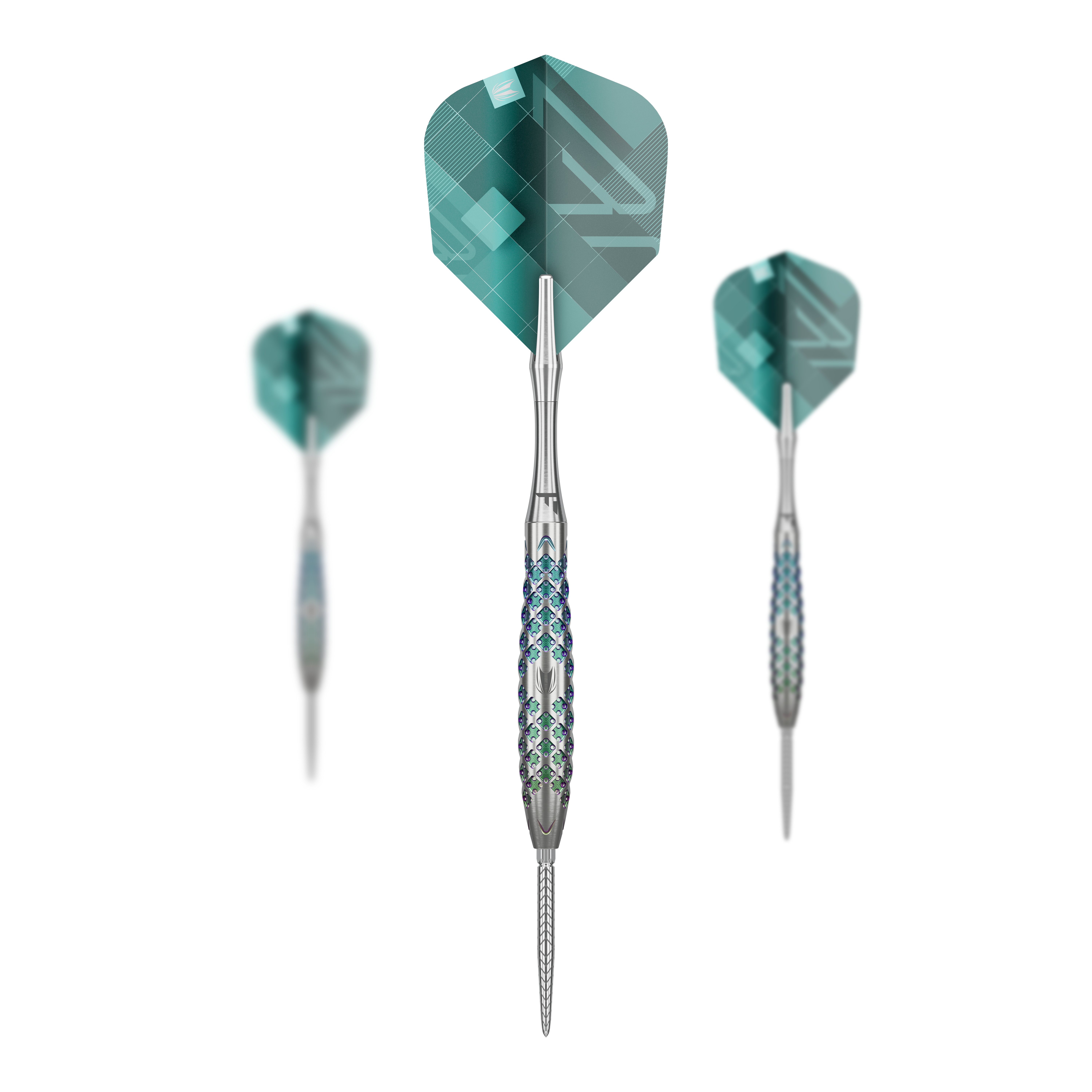 Stalowe lotki Target Rove 02 Swiss Point Das Bild zeigt drei Steeldarts des Modells "Target Rove 02 Swiss Point". Die Darts haben silberne Barrels mit blauen Akzenten und grüne Flights mit geometrischem Muster.