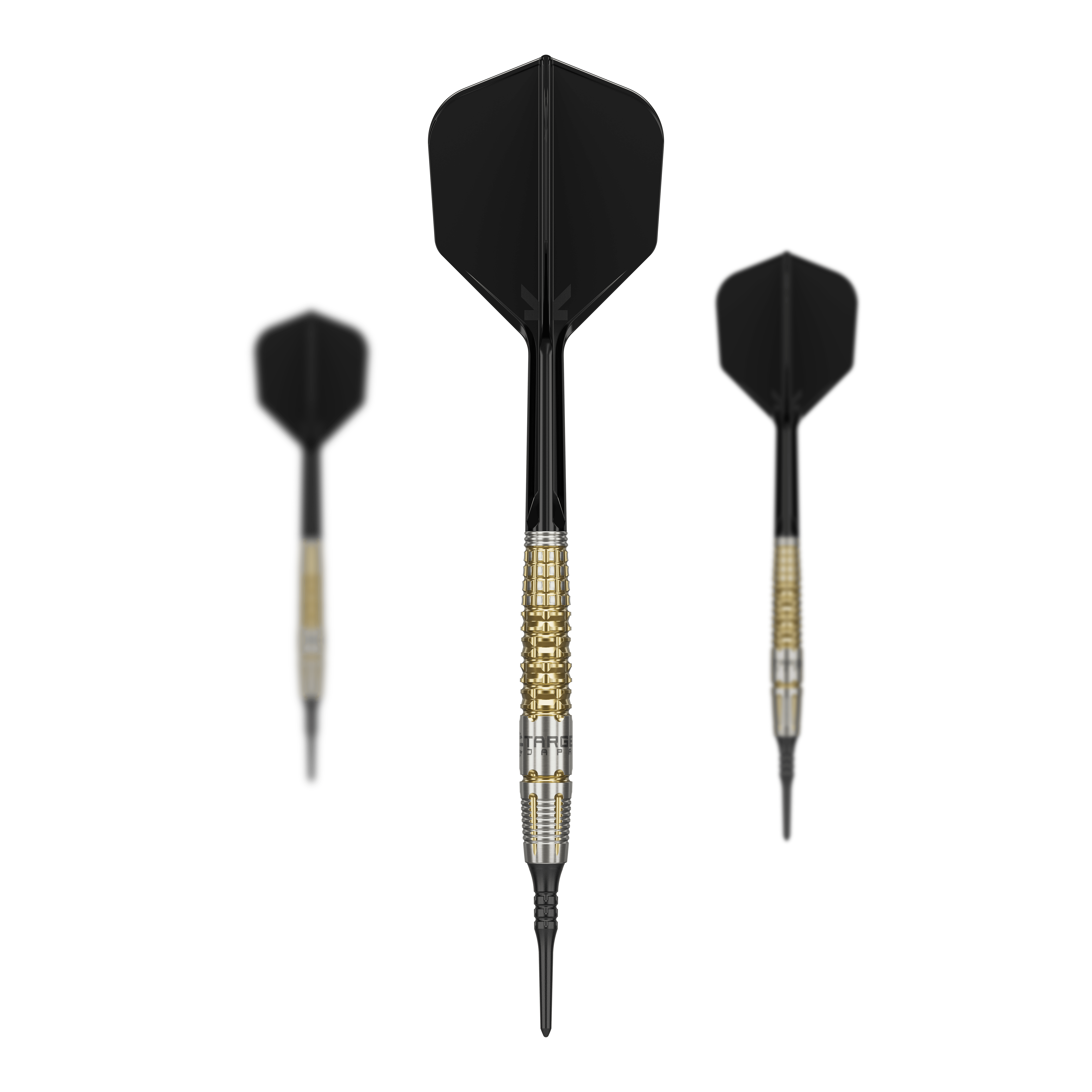 Target Japan Black Marque Warrior Soft Darts - 18,5 g Das Bild zeigt drei Softdarts des Produkts "Target Japan Black Marque Warrior" mit einem Gewicht von 18,5 g. Die Darts haben schwarze Flights und gold-silberne Barrels.
