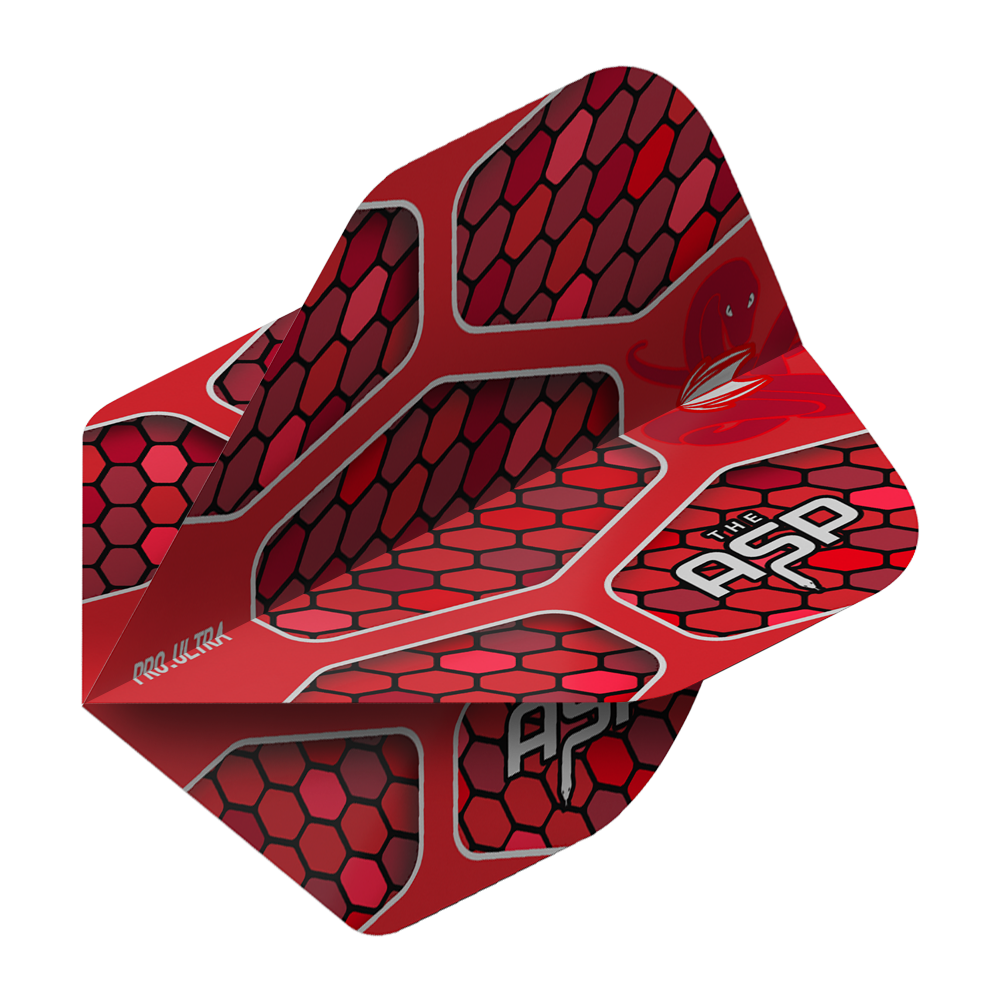 TG387_334450_Target_ProUltra_Nathan_Aspinall_Red_No2_Standard_Flights_2 Das Bild zeigt das Produkt "Target ProUltra Nathan Aspinall Red No2 Standard Flights". Die Flights sind rot mit einem wabenförmigen Muster und weißen Schriftzügen.