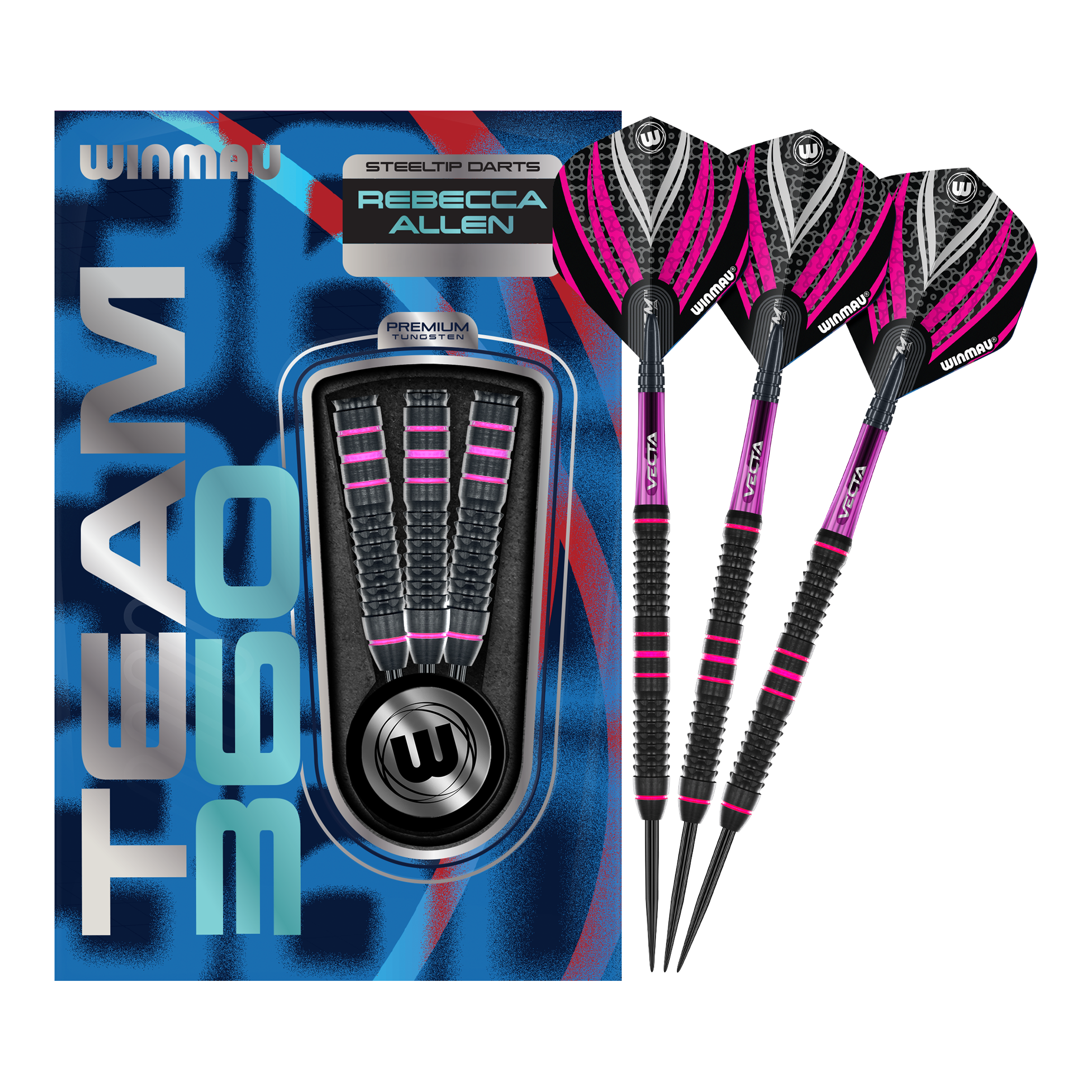 Diese Grafik zeigt die Winmau Team 360 Rebecca Allen Steeldarts - 24g in ihrer vollen Länge. Sie sind für ambitionierte Dartspielerinnen und Dartspieler geeignet.