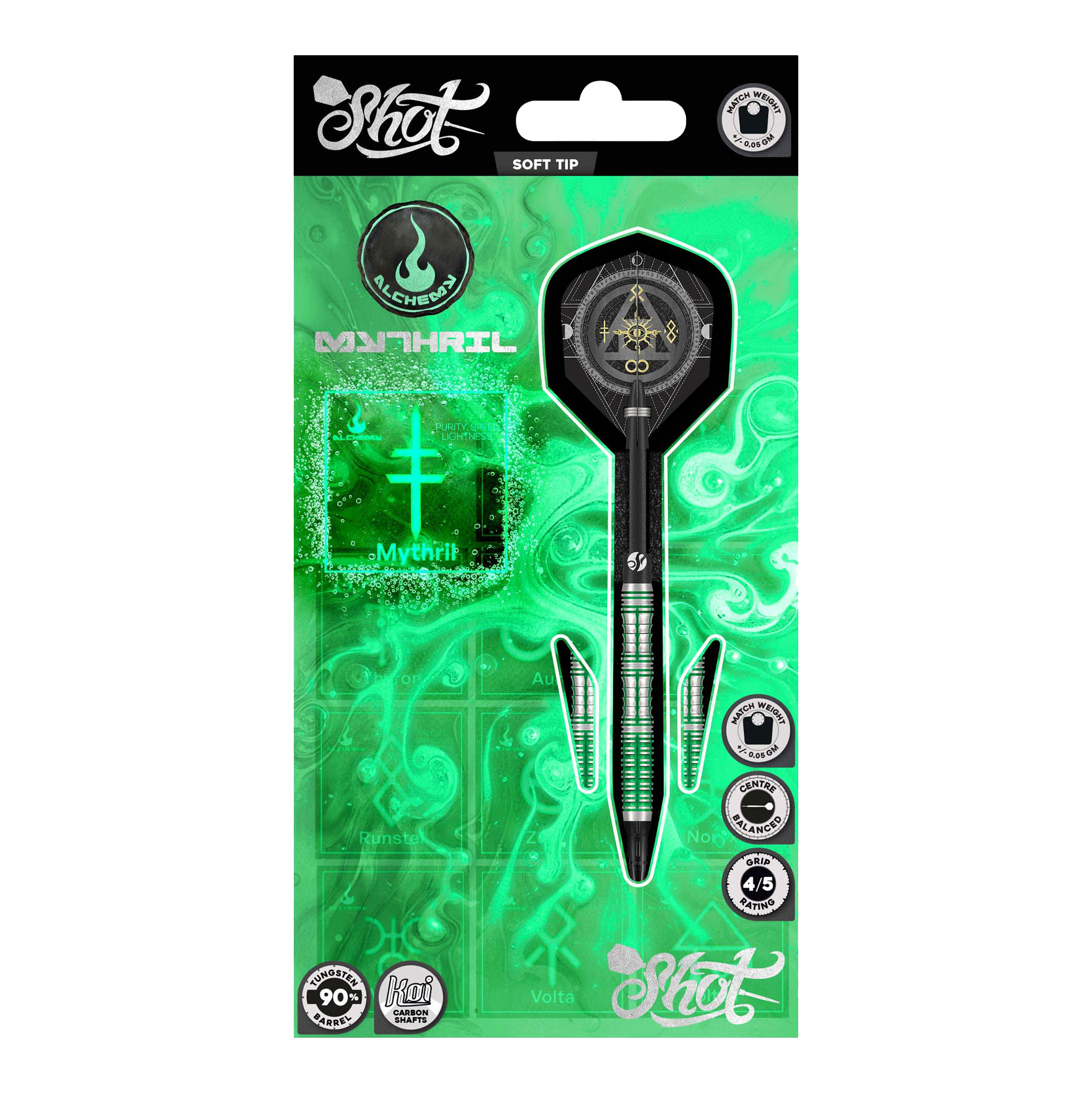 Das Bild zeigt die Shot Alchemy Mythril Softdarts mit einem Gewicht von 20g. Hier sieht man das Produkt aus einer bestimmten Perspektive.