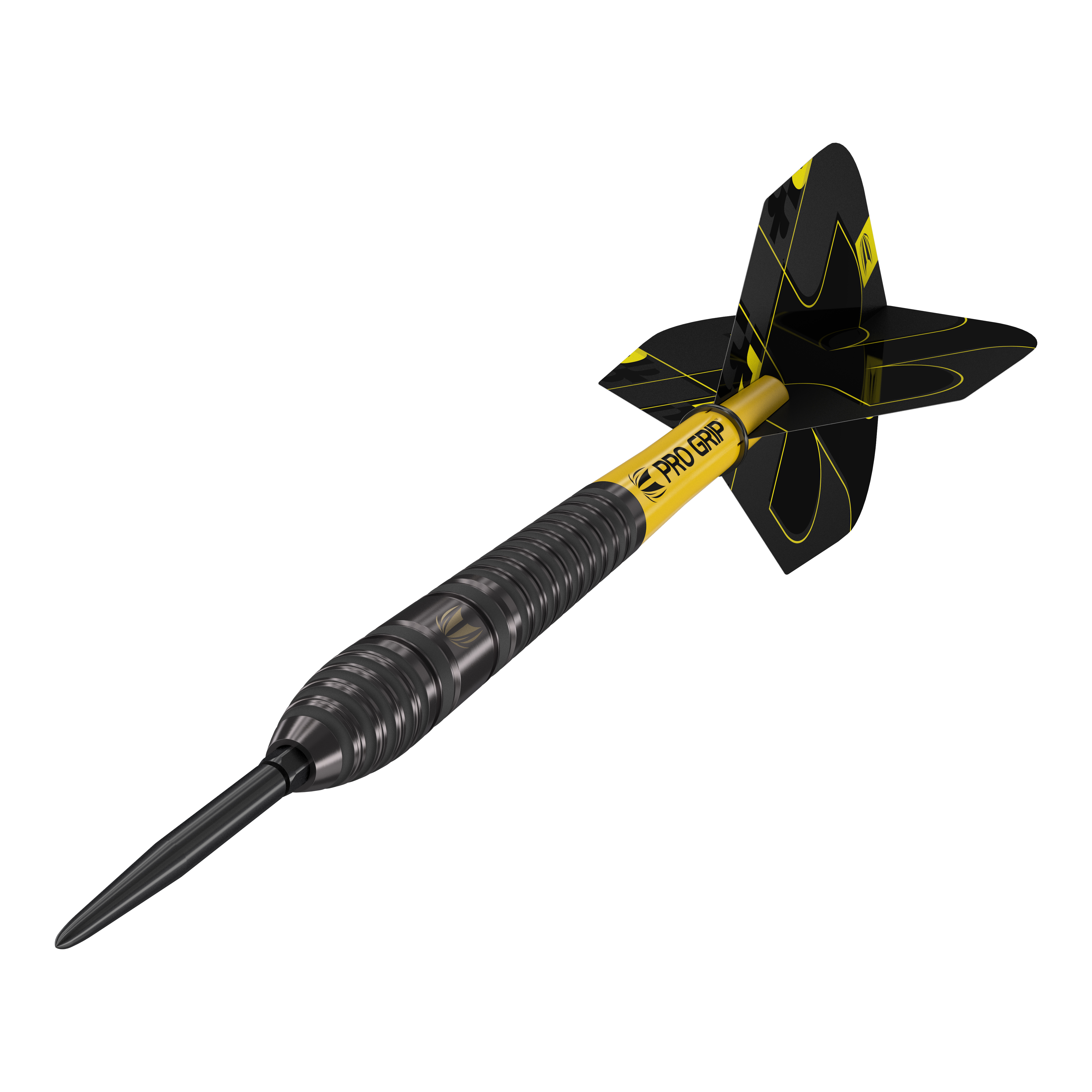 Stalowe lotki Target Bolide Void 03 Swiss Point Das Bild zeigt einen Target Bolide Void 03 Swiss Point Steeldart. Der Dart ist schwarz mit gelben Akzenten und hat den Schriftzug "Pro Grip" auf dem Schaft.